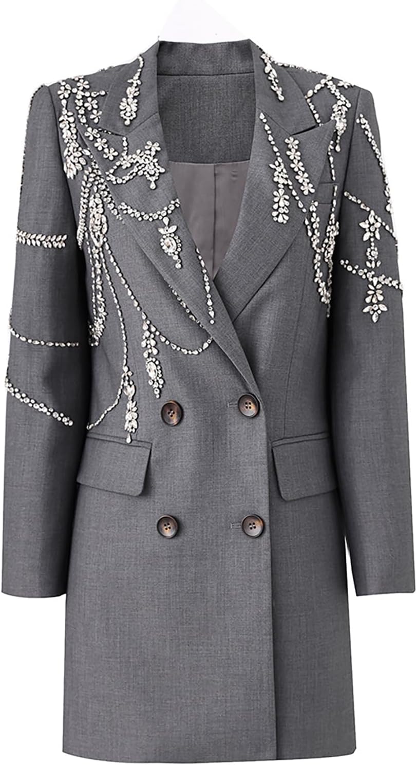 Women Rhinestone Beading Long Blazer Dress Jacket Luxury Shining Double Breasted Notched Collar Suit Fashion Outfit