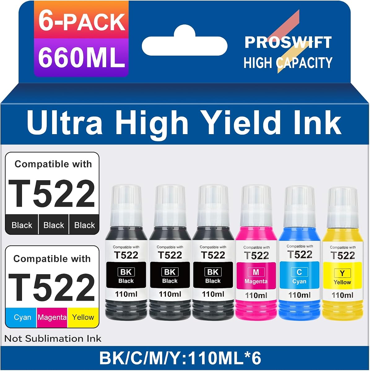 Replacement for Epson 522 High Capacity Ink Refill Bottles | Use for EcoTank ET-2800 ET-2803 ET-2400 ET-4800 ET-2720 ET-2840 ET-3950 ET-3850 ET-2850 ET-4700 ET-15000 Printer 6 Bottles
