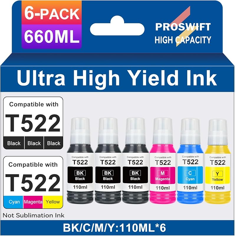 Replacement for Epson 522 High Capacity Ink Refill Bottles | Use for EcoTank ET-2800 ET-2803 ET-2400 ET-4800 ET-2720 ET-2840 ET-3950 ET-3850 ET-2850 ET-4700 ET-15000 Printer 6 Bottles