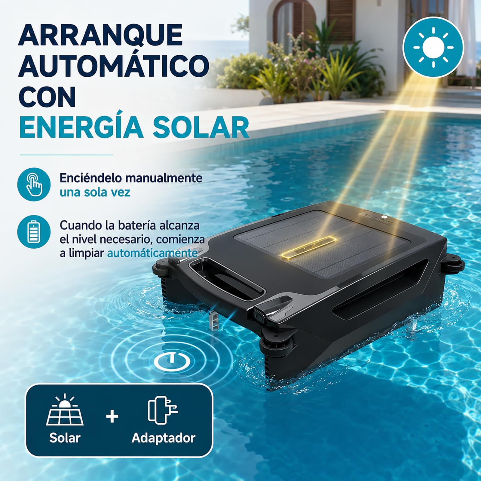 Skimmer Solare per Piscina, Robot per Piscina con Superficie d'Acqua Pulita per 10 Ore, Navigazione Intelligente, Parcheggio Automatico, Due Metodi di Ricarica, per Piscine Domestiche