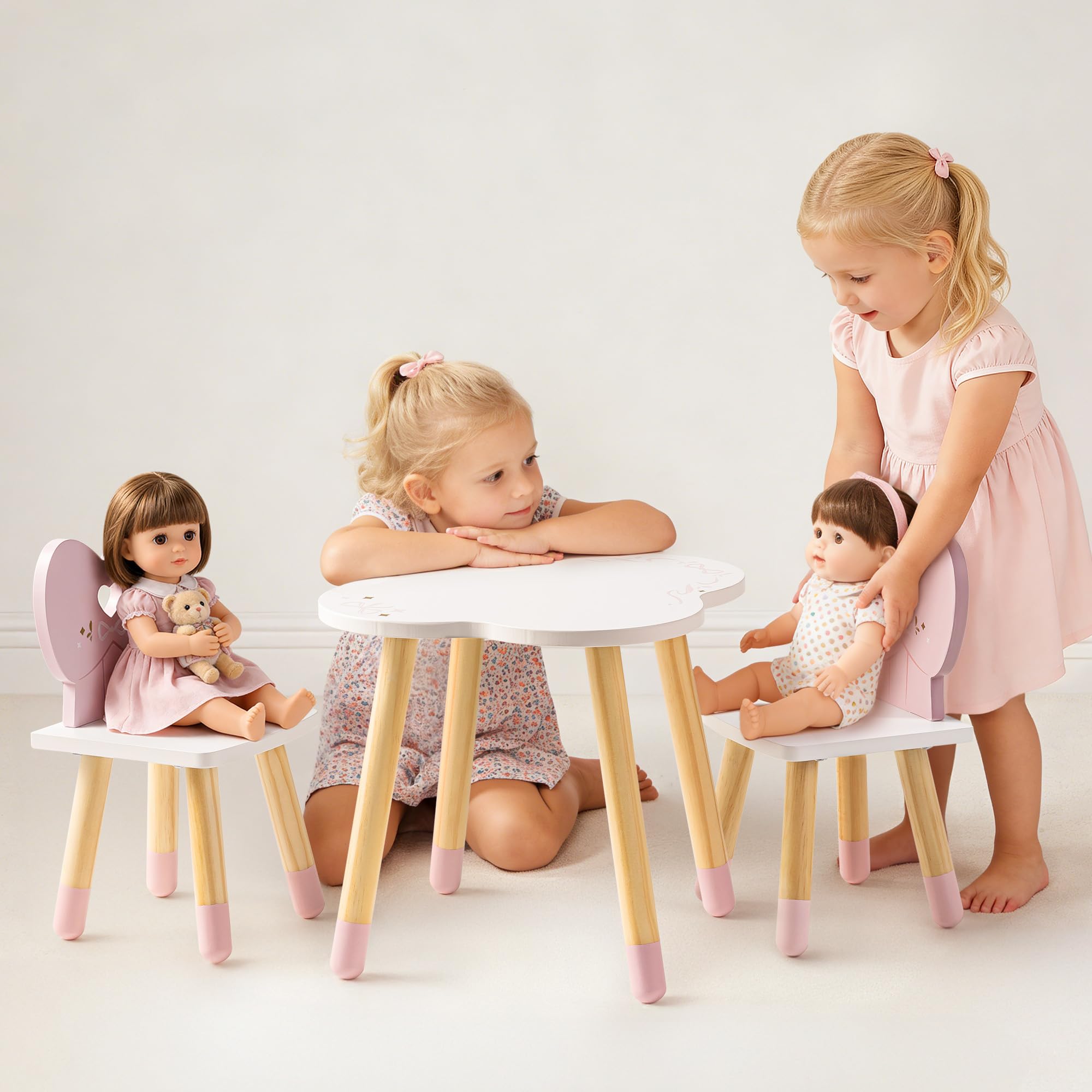 ROBUD 18 Inch Dolls Table Chairs Set, Wooden Doll Furniture Dining Table & 2 Chairs with Bow Heart Backrest - Image 2