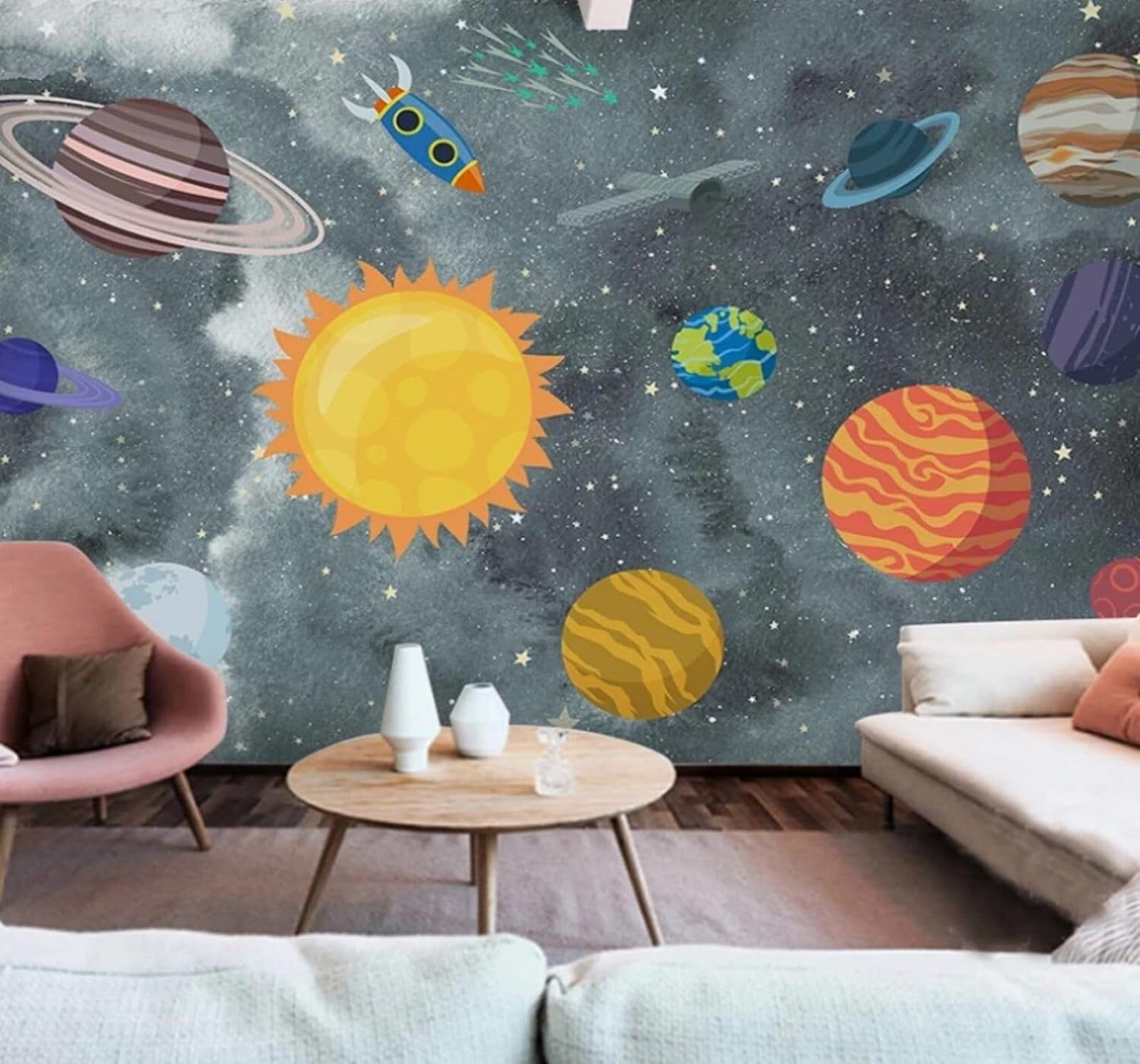 XLMING Cartoon Hand Drawn Space Rocket Planet 3D Wallpaper Luxury Home Dining Decor Paste Sofa Living Room The Wall for Bedroom Mural-400cm×280cm