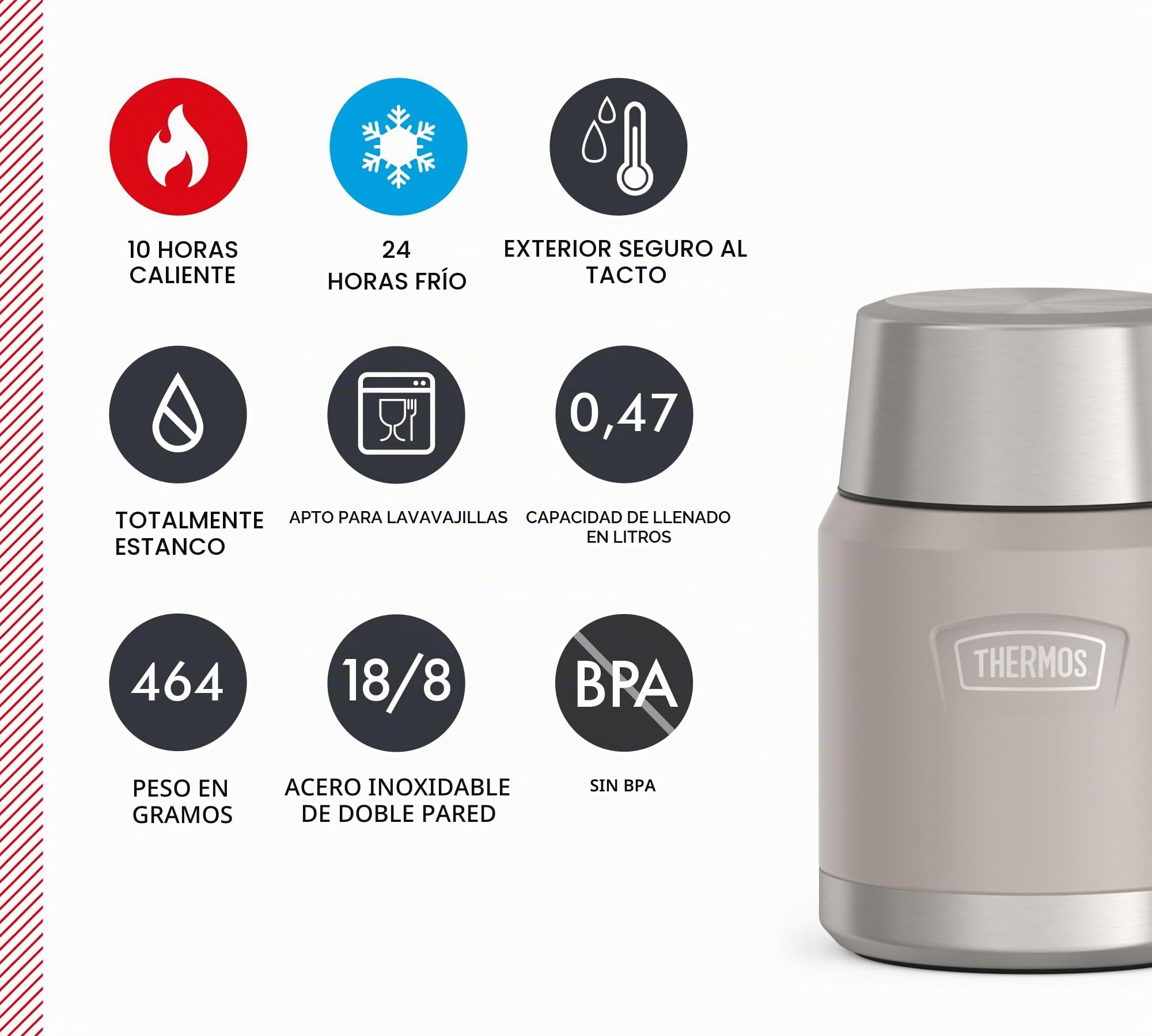 Thermos ICON Food Jar 0,47 L Beige Mate Sandstone - Recipiente para comida (470 ml, doble pared, acero inoxidable 18/8, mantiene el calor y el frío, con cuchara plegable, base antideslizante,