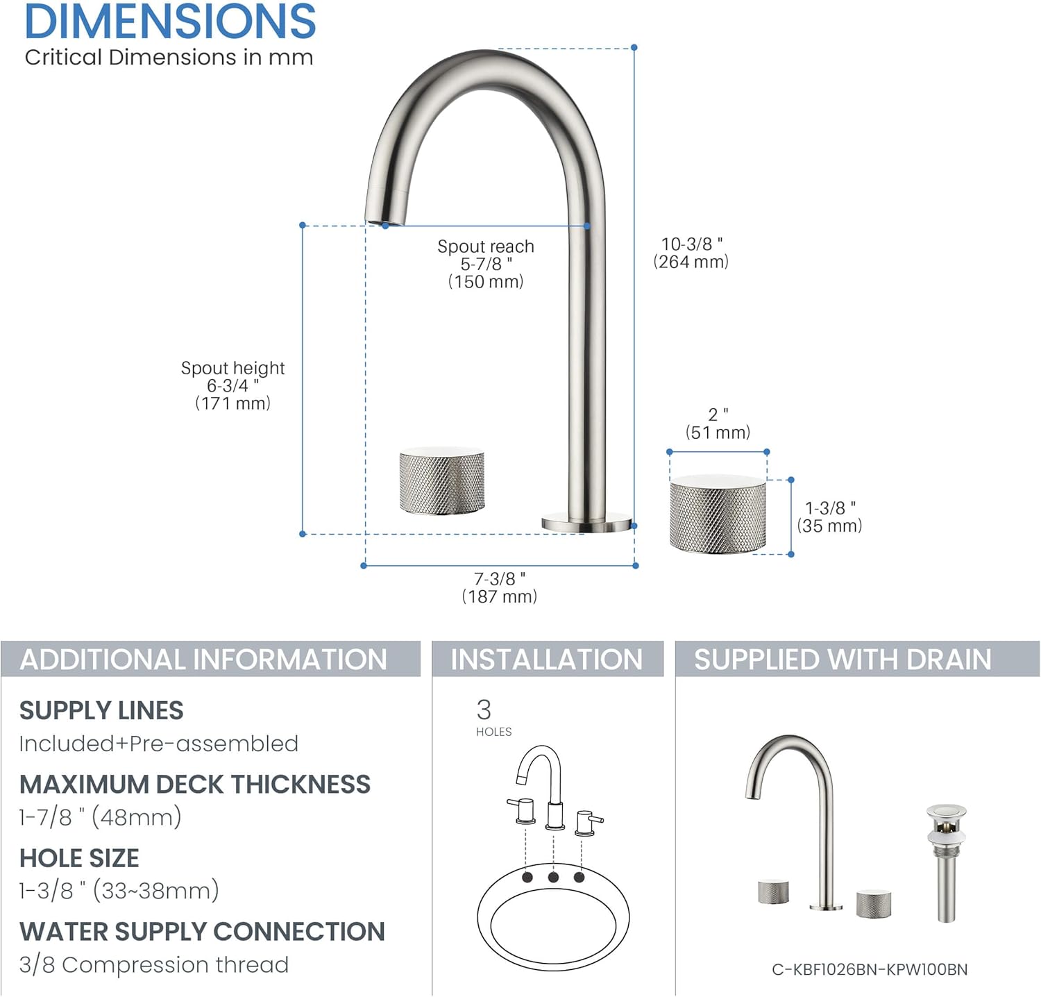 KIBI 2-Handle 8" Widespread Bathroom Sink Faucet with Drain Assembly, Solid Brass 3-Hole Lavatory Faucet | Circular X Design | Corrosion-Resistant with Smooth Water Flow (Brushed Nickel, KBF1026)