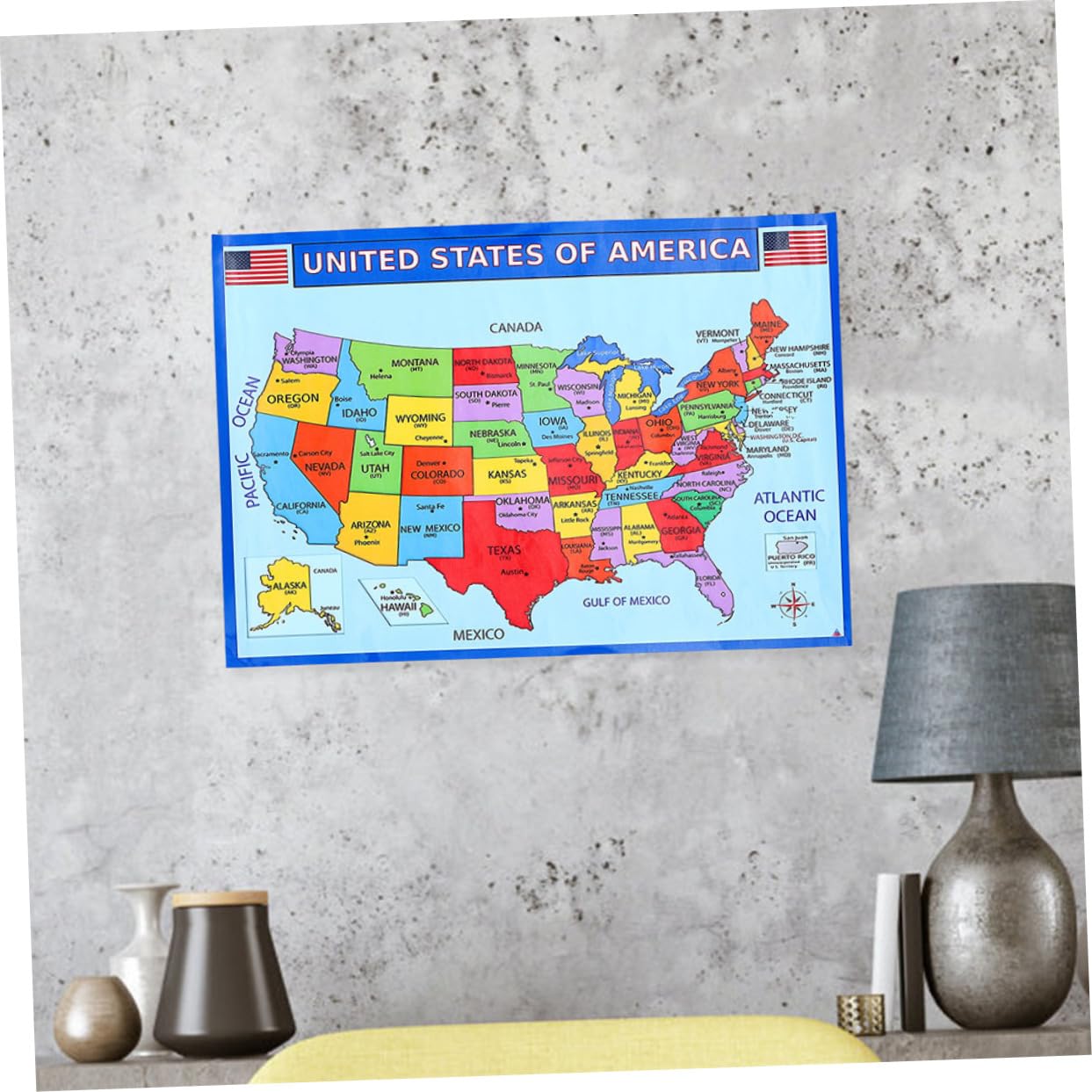 FUNOMOCYA Usa Map Educational Classroom Poster Bright And Versatile Geography Map for Teaching And Decoration Uv Paper Design