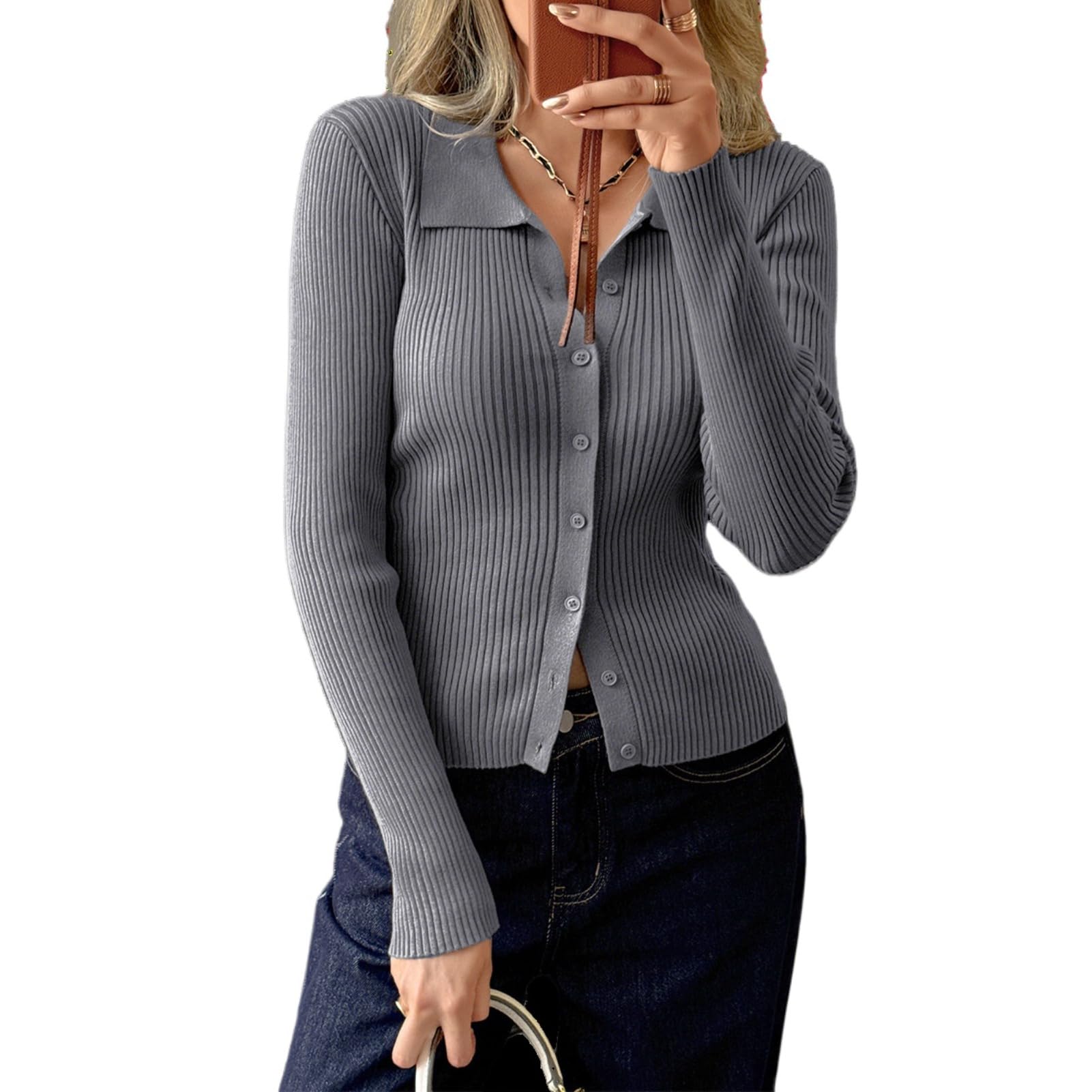 2026 Womens Slim Fitted Rib Knit Cardigan Sweater Long Sleeve Button-Up Lightweight Fall Fashion Tops Y2K Clothing