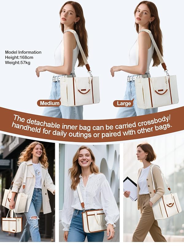 BESBESME Canvas Tote Bag for Women with Removable Organizer Insert, Large Multi-Pocket Laptop Work & College Purse with Zipper, Crossbody Shoulder Bag for Teacher, Nurse, Bible Study, Beige M by BESBESME - Used condition - Image 9
