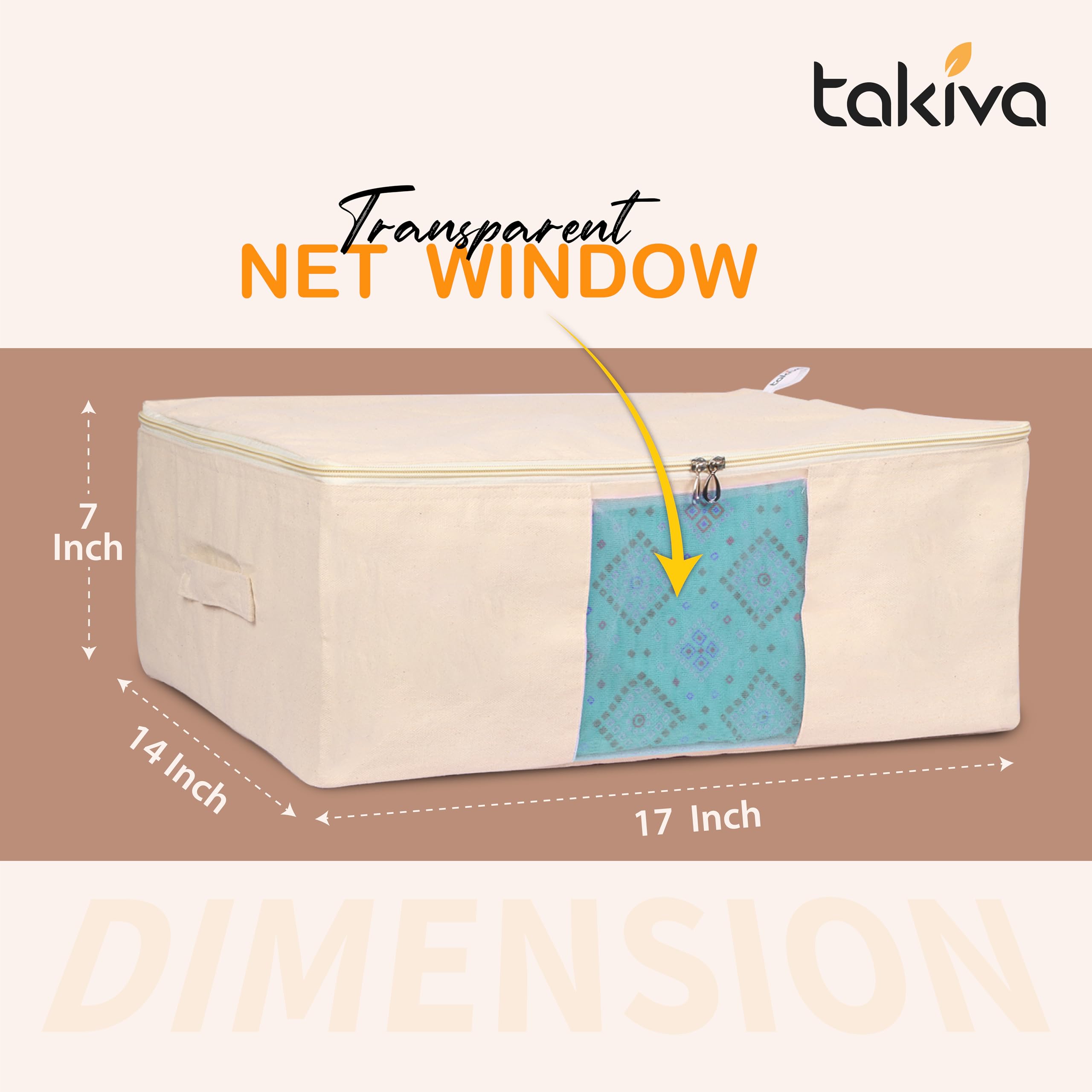 TAKIVA Cotton Canvas Saree Storage Bags Pack of 3 | Large Cotton Storage Bag for Clothes, Sarees & Blankets | Big Size Wardrobe Organizer with Zipper | Reusable Soft Canvas Storage Box