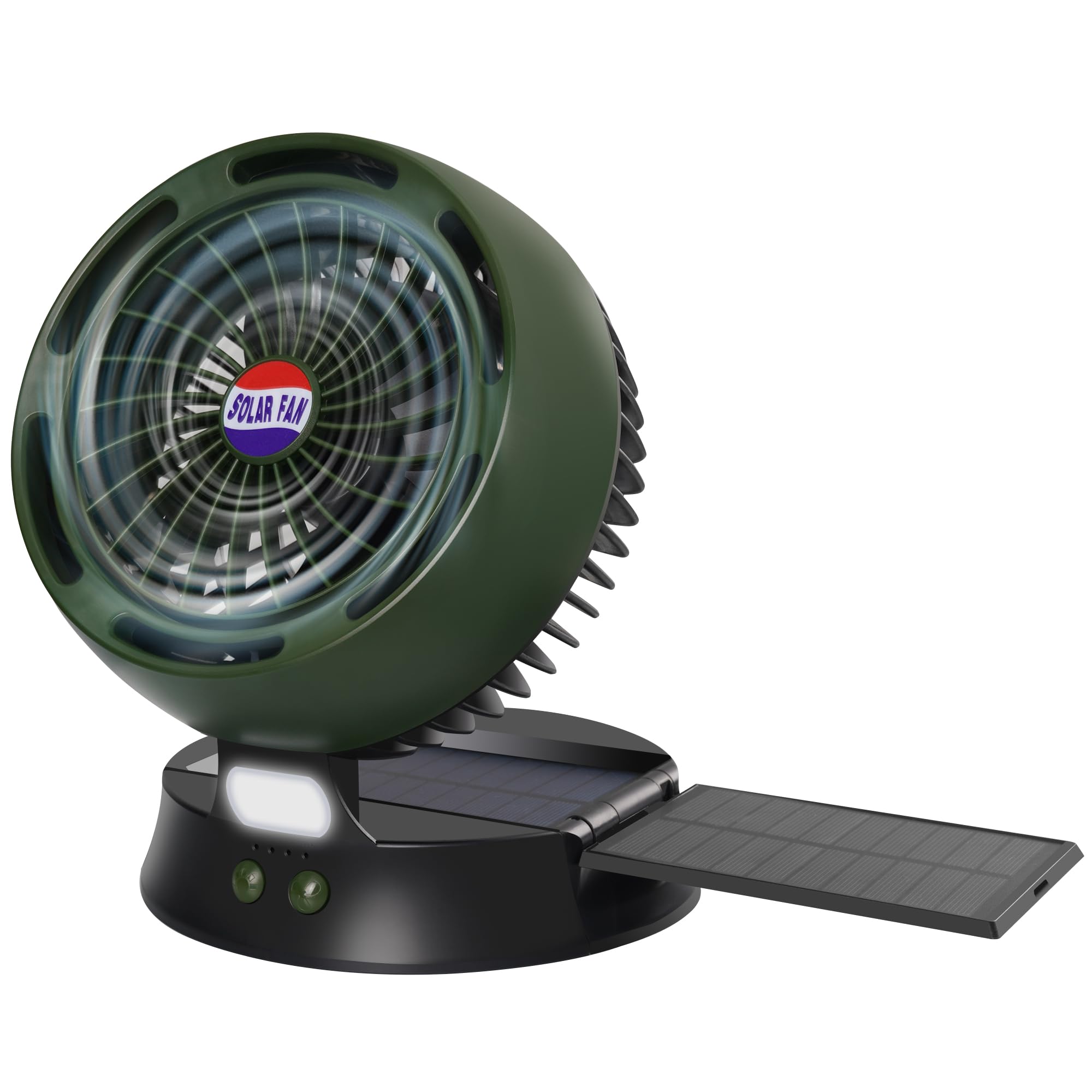 DUKUSEEK 卓上扇風機 ソーラー扇風機 5W太陽光充電アウトドアキャンプ 省エネ 太陽エネルギーより使用時間延長 風量4段階調節 ライト搭載 オフィス/自宅/車用/アウトドア/キャンプ/寝室 (深緑)