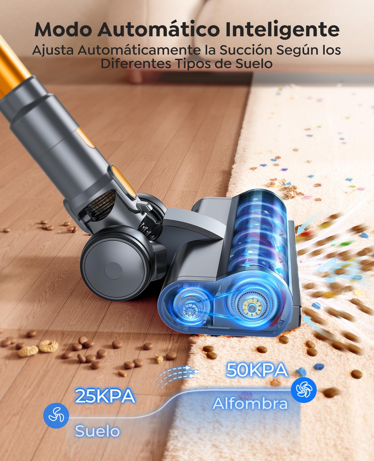 50KPA/600W Aspiradora sin Cable Potente, 65Min(ECO) Aspirador Escoba Vertical con Modo Automático, Cepillo Anti-Enredo, Manguera de 1M y Luz LED, Ideal para Pelo de Mascotas, Alfombras y Coche