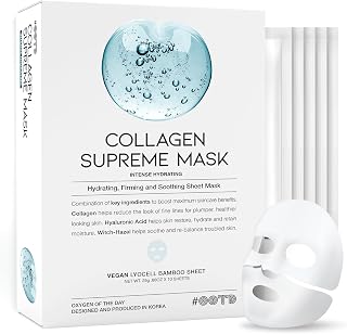 OOTD Collagen Hydrating Sheet Masks - Korean Anti-Aging for Dry & Sensitive Skin, Vegan with Hyaluronic Acid & Witch Hazel, 10 Pack