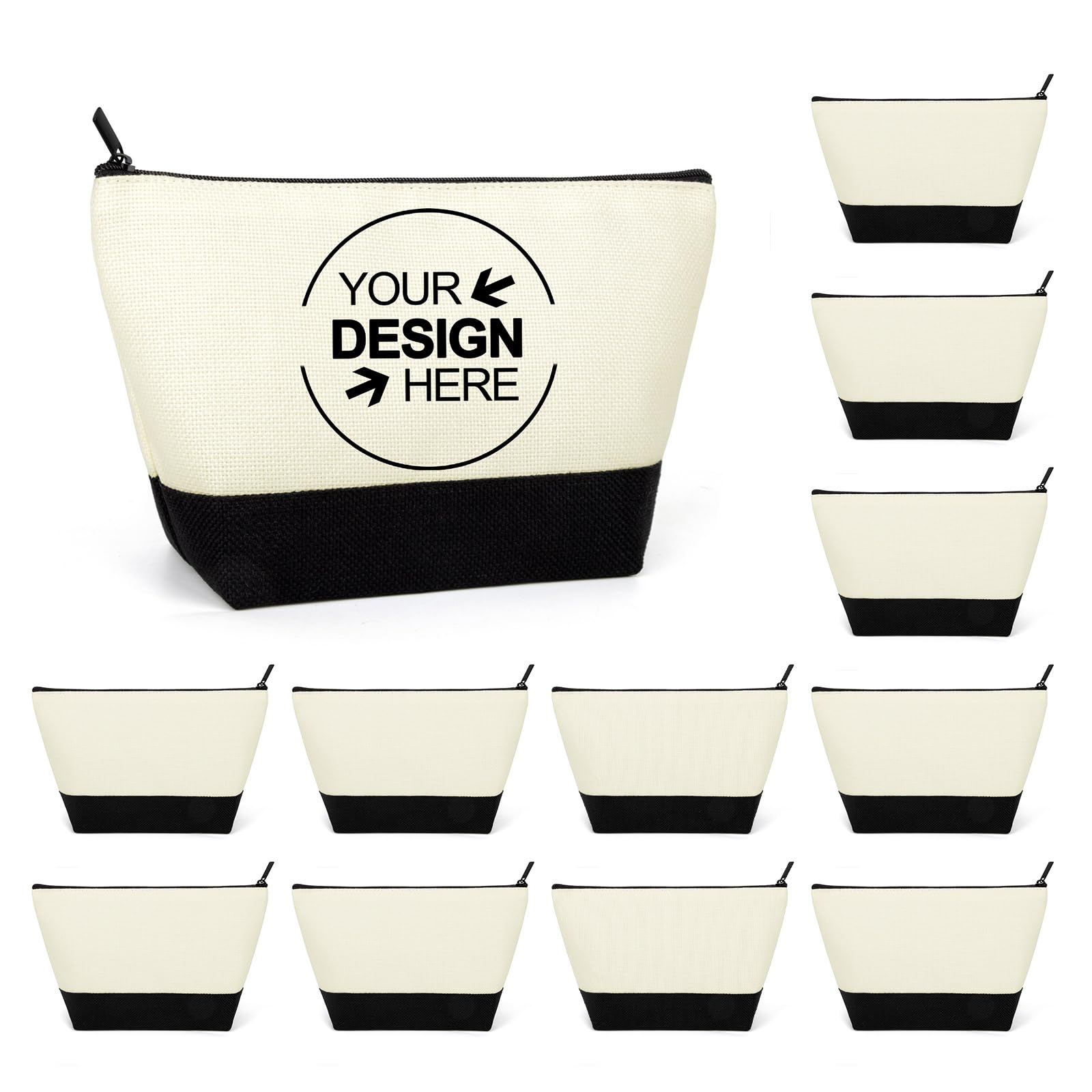 Muka 12 Pack Personalized Two Tone Makeup Bags with Logo, Custom SPA Cosmetic Cases-Cream/Black