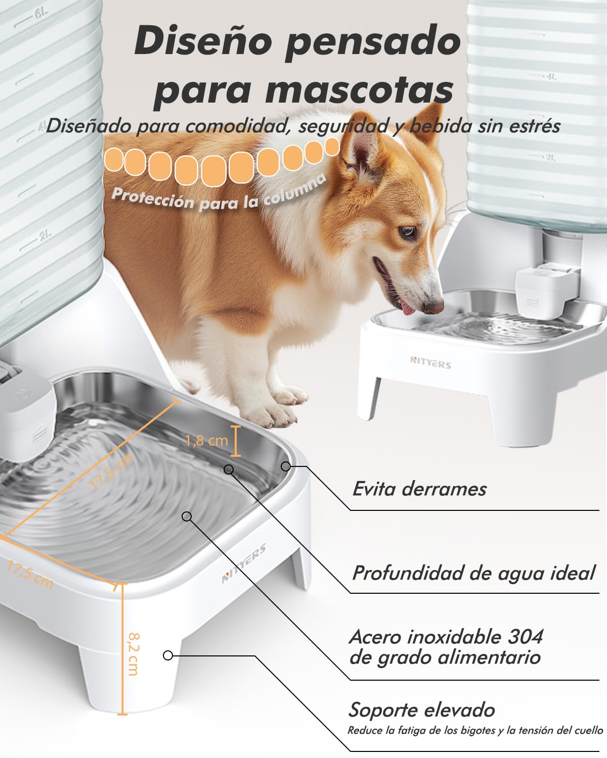 8L Bebedero Gatos por Gravedad con Grifo Patentado, Comedero Gato automático con Filtro y Base Ajustable, Boca Ancha para fácil Limpieza, Materiales Aptos para Alimentos