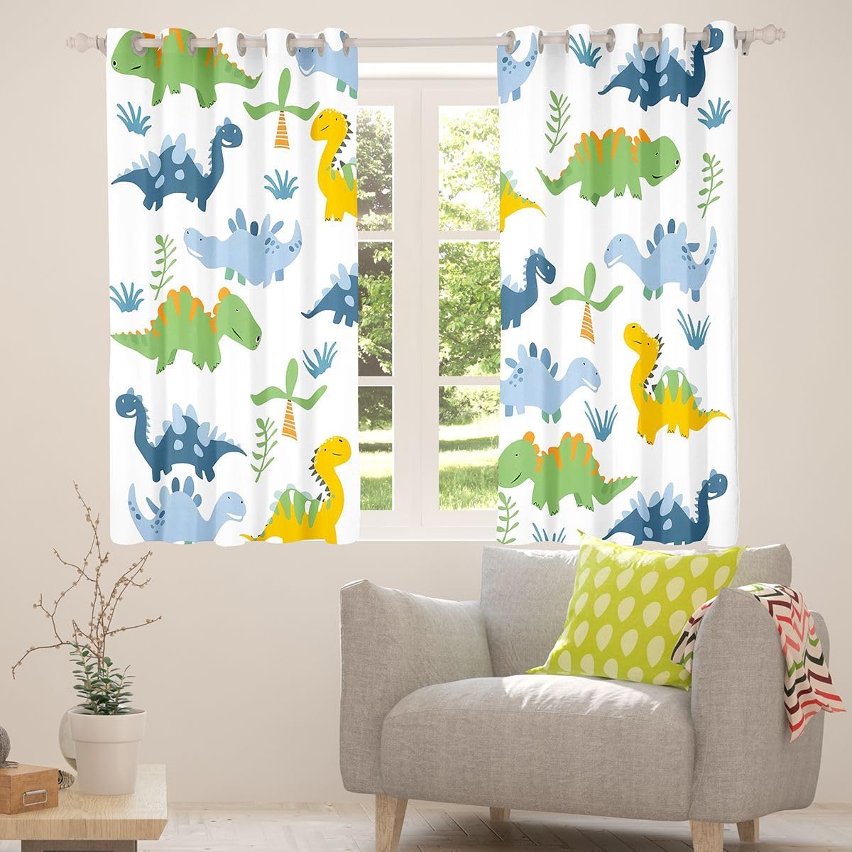 jejeloiu Dinosaur Curtains for Bedroom Living Room Cute Colorful Dinosaur Blackout Darkening Drapes Jungle Dino Window Treatments, 2 Panels 38 x 45 Inch Wild Animal Room Decor image 4