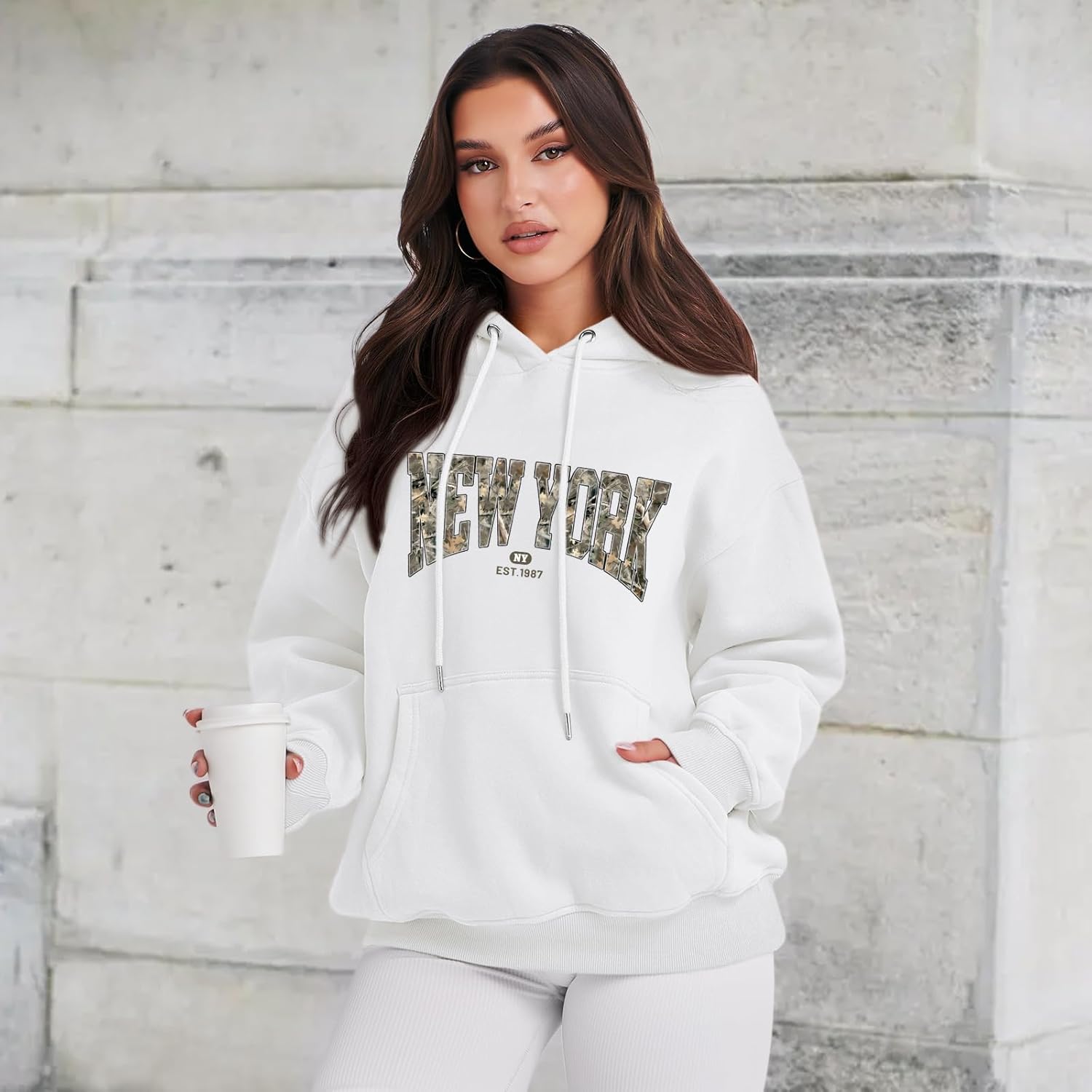 New York Oversized Hoodies for Women Graphic Camo Hoodie Maple Leaf Sweatshirt Letter Sweatshirts Print Pullover - Image 3