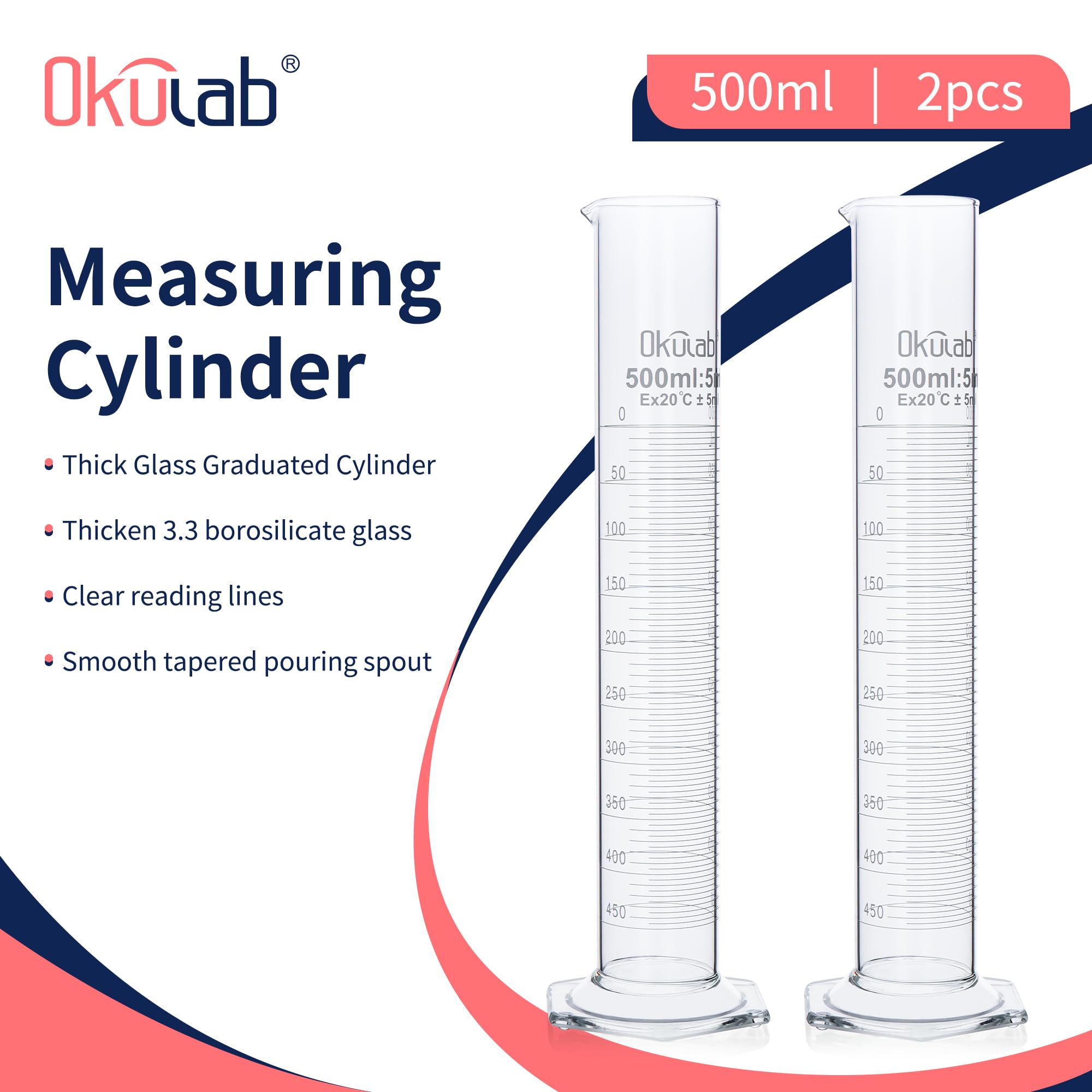 Cilindro graduato, 2 pezzi di Vol.250ml, Cilindro in vetro borosilicato 3.3, cilindri di laboratorio Cilindro di misurazione in vetro, MCG250A2