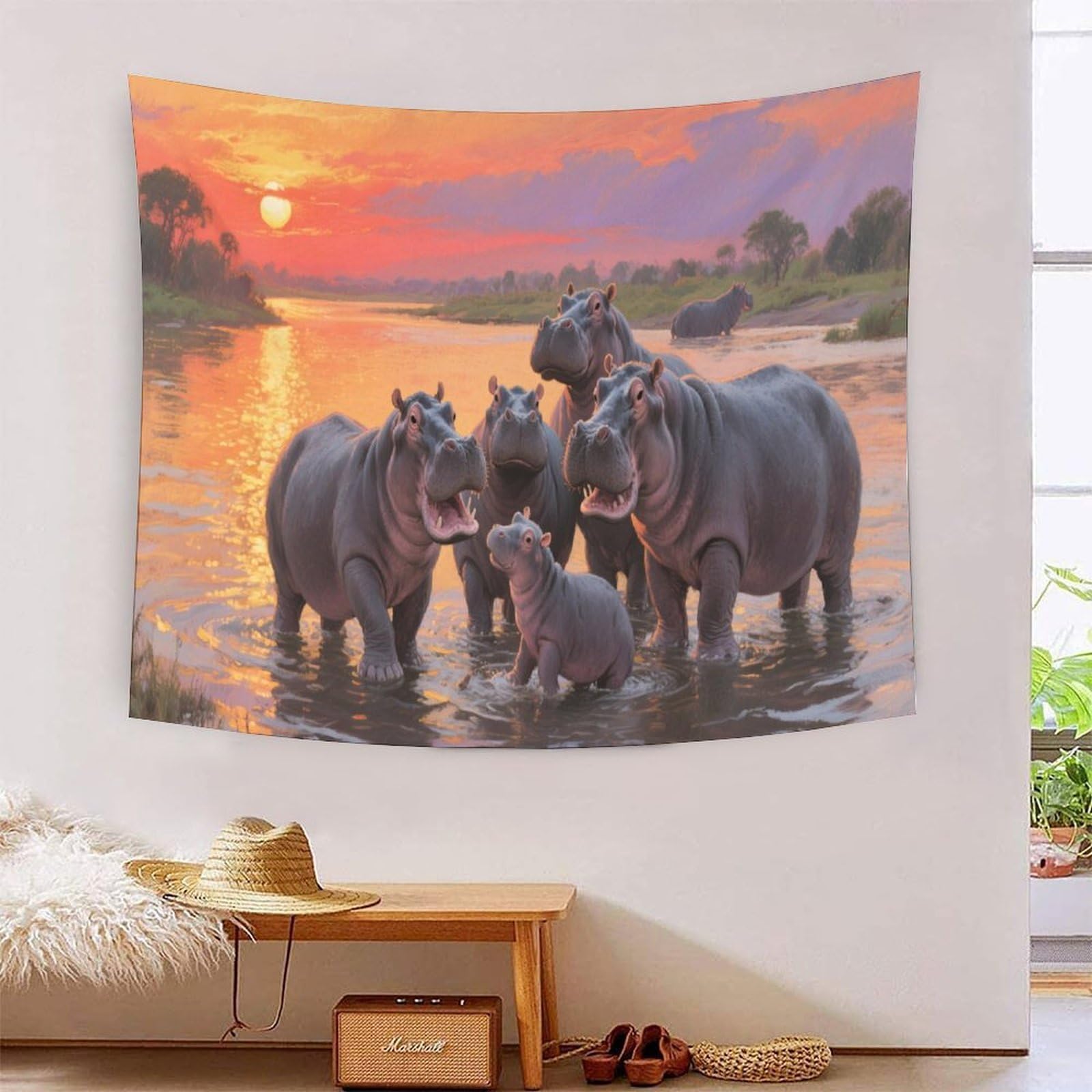 Yyvkpmlxc Style-3 3D Print Hippos Tapestries,Sunset River Tapestry Wall Hanging,Wall Blanket Polyester For Bedroom Living Room Home Decor 70Cmx100cm
