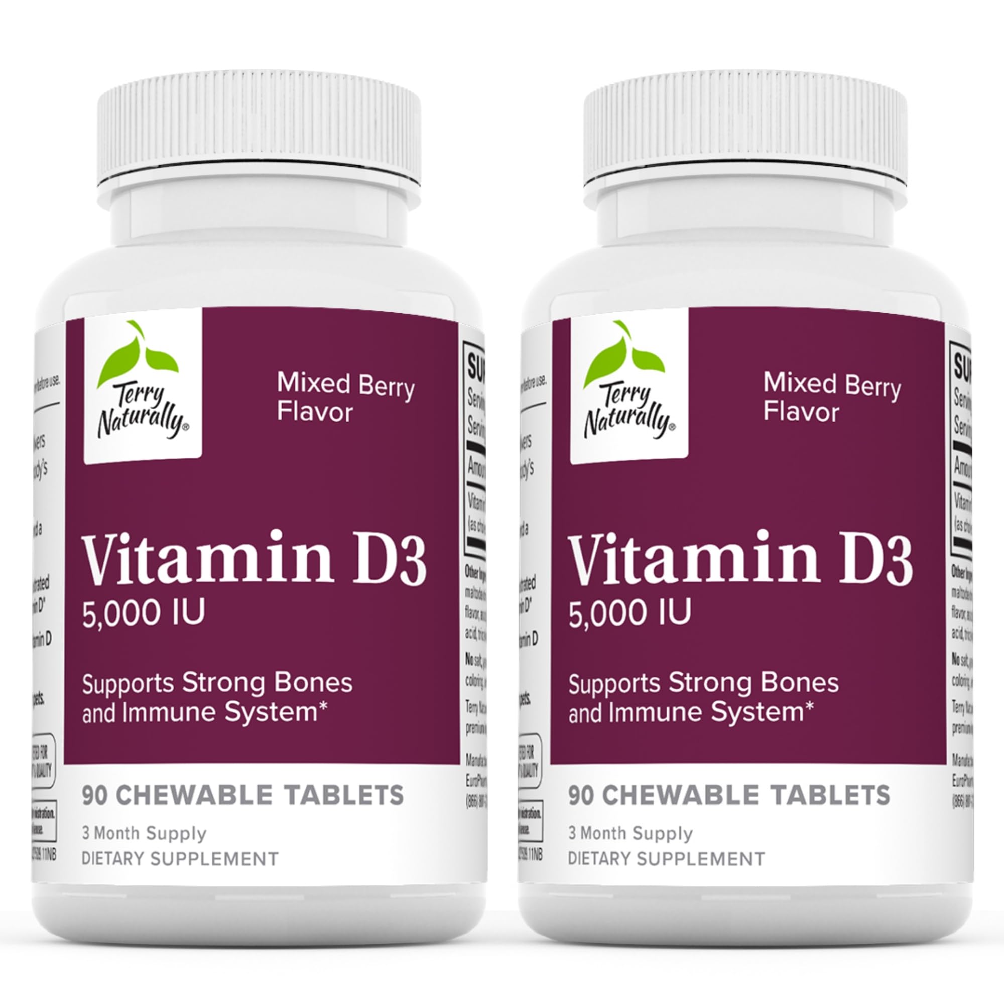 Terry Naturally Vitamin D3 - Bone Health & Bone Strength Support Supplement - Immune System & Brain Support - 5,000 IU Vitamin D Tablets with Mixed Berry Flavor - 90 Chewable Tablets (Pack of 2)