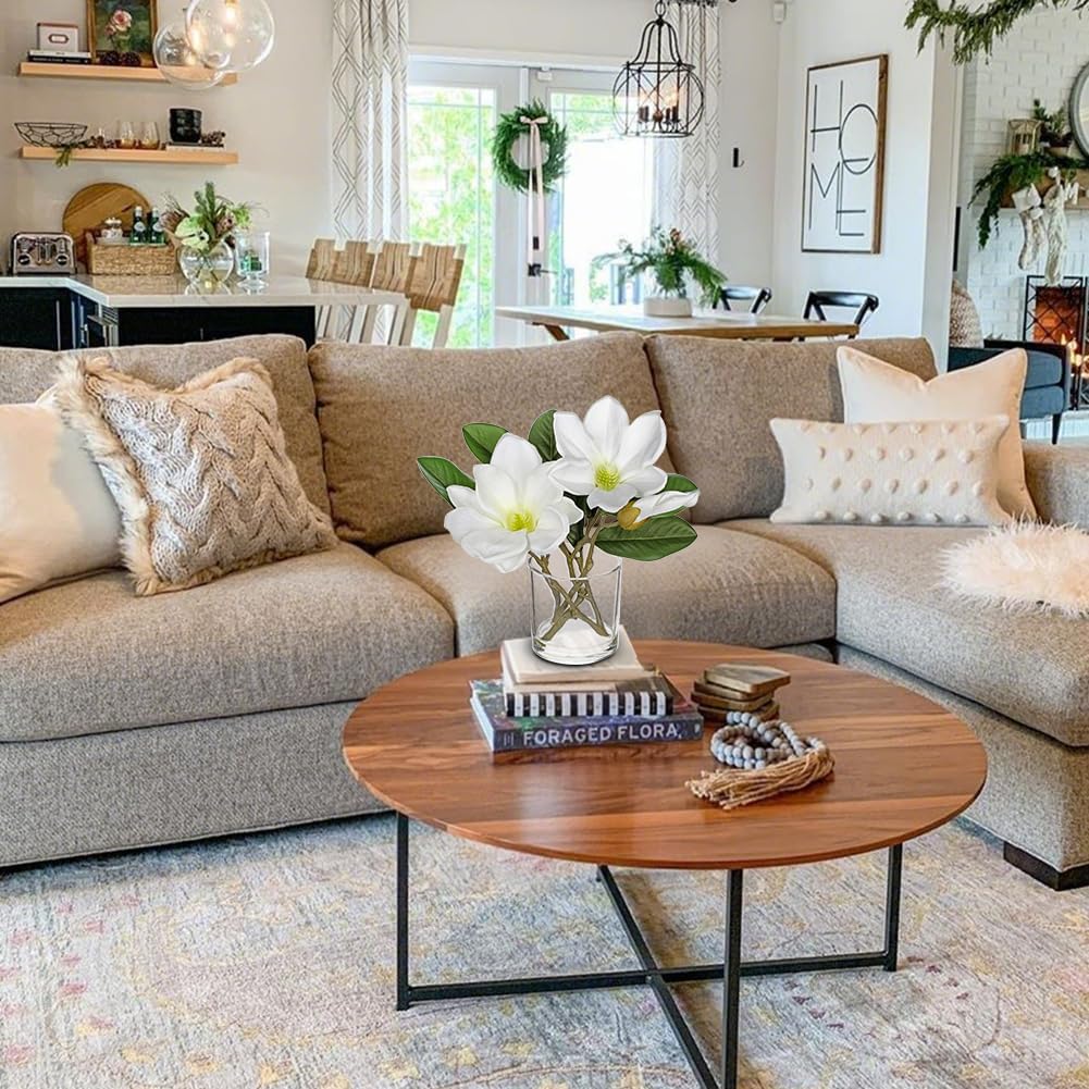 Briful Artificial Magnolia Flower Arrangement in Glass Vase 10'' White Fake Magnolia Silk Flowers with Vase Faux Flower Centerpiece for Home Office Dining Room Table Shelf Decor