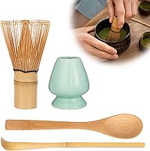 Zanfqvo Matcha Kit 4 Pièces - Kit Matcha avec Fouet Matcha Bambou, 2 Cuillere Matcha, Porte-Fouet - Accessoires pour Cérémonie du thé Japonais (Cyan)