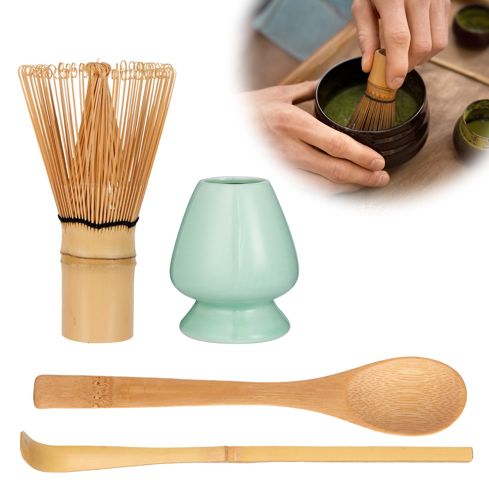 Zanfqvo 4 Pezzi Kit Matcha - Set con Frusta, Cucchiaino, Porta Frusta (Ciano)