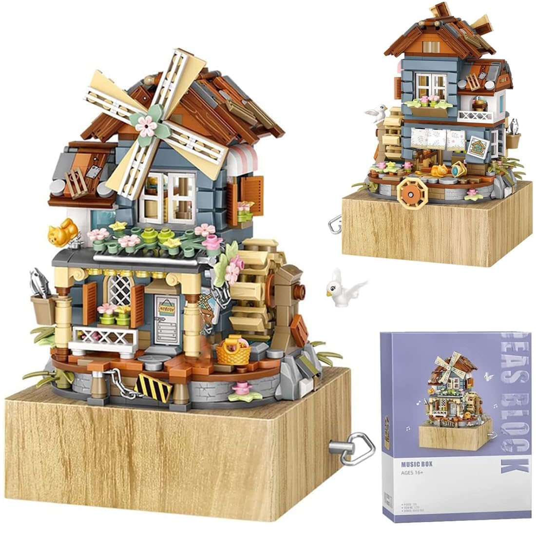 Street View Windmill Music Box Bricks Model Set, 799Pcs DIY Building Block Assembly Mini Particle Construction Toy - Compatible with Major Brands