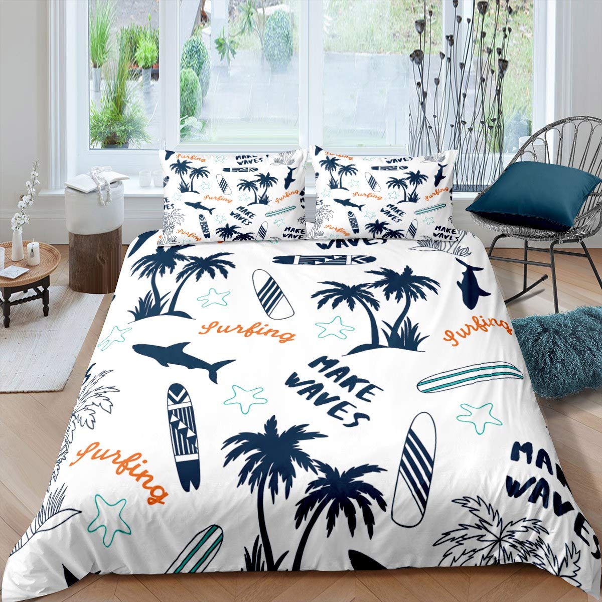 Loussiesd Palm Tree Comforter Cover Surfboard Bedding Surfing Sports Duvet Cover for Children Kids Boys Microfiber Hawaiian Tropical Bedspread Cover Shark Starfish Room Decor Bedclothes Double Size