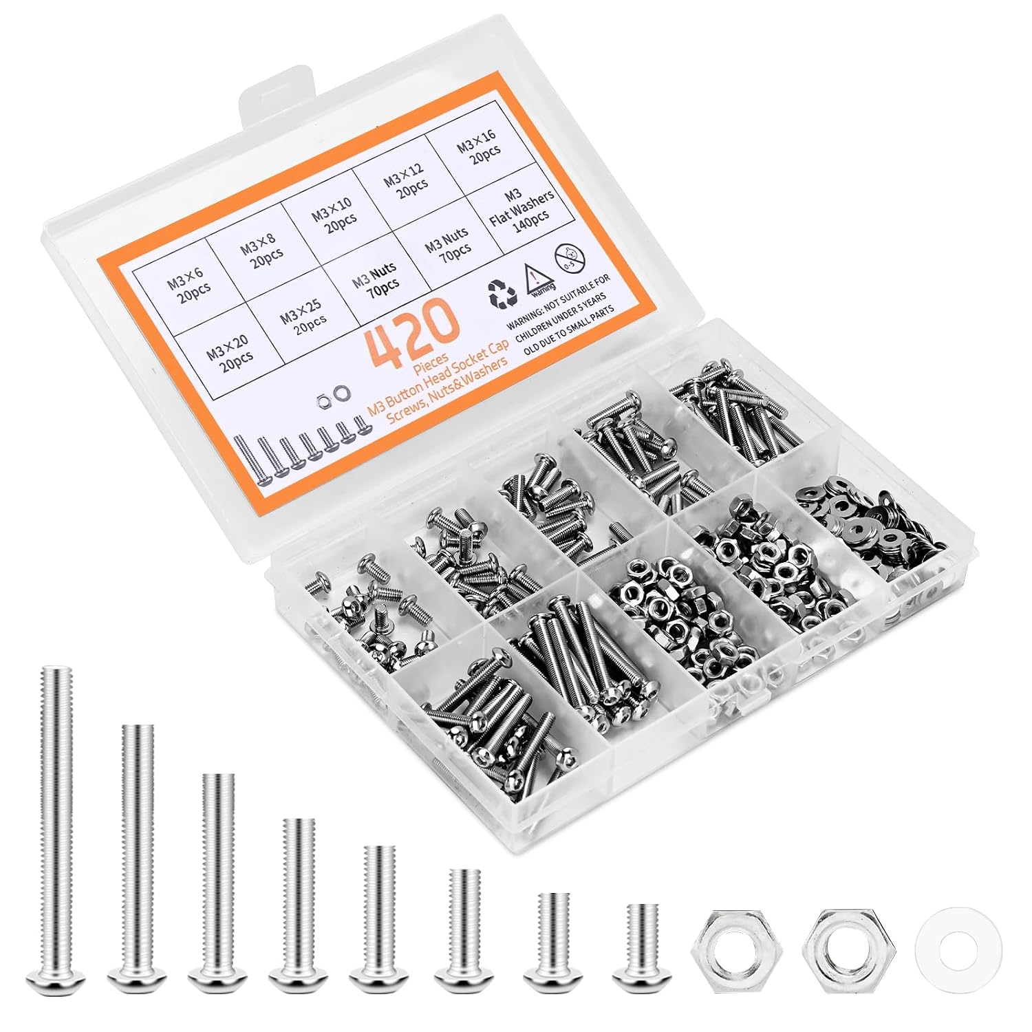 CARLWIN 420pcs M3 Screw Kit, Premium M3 Button Head Socket Cap Screw Assortment with Nuts and Washers, M3 x 6mm /8mm /10mm /12mm /16mm /20mm /25mm (Silver)