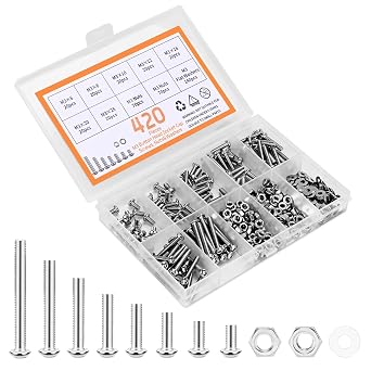CARLWIN 420pcs M3 Screw Kit, Premium M3 Button Head Socket Cap Screw Assortment with Nuts and Washers, M3 x 6mm /8mm /10mm /12mm /16mm /20mm /25mm Silver