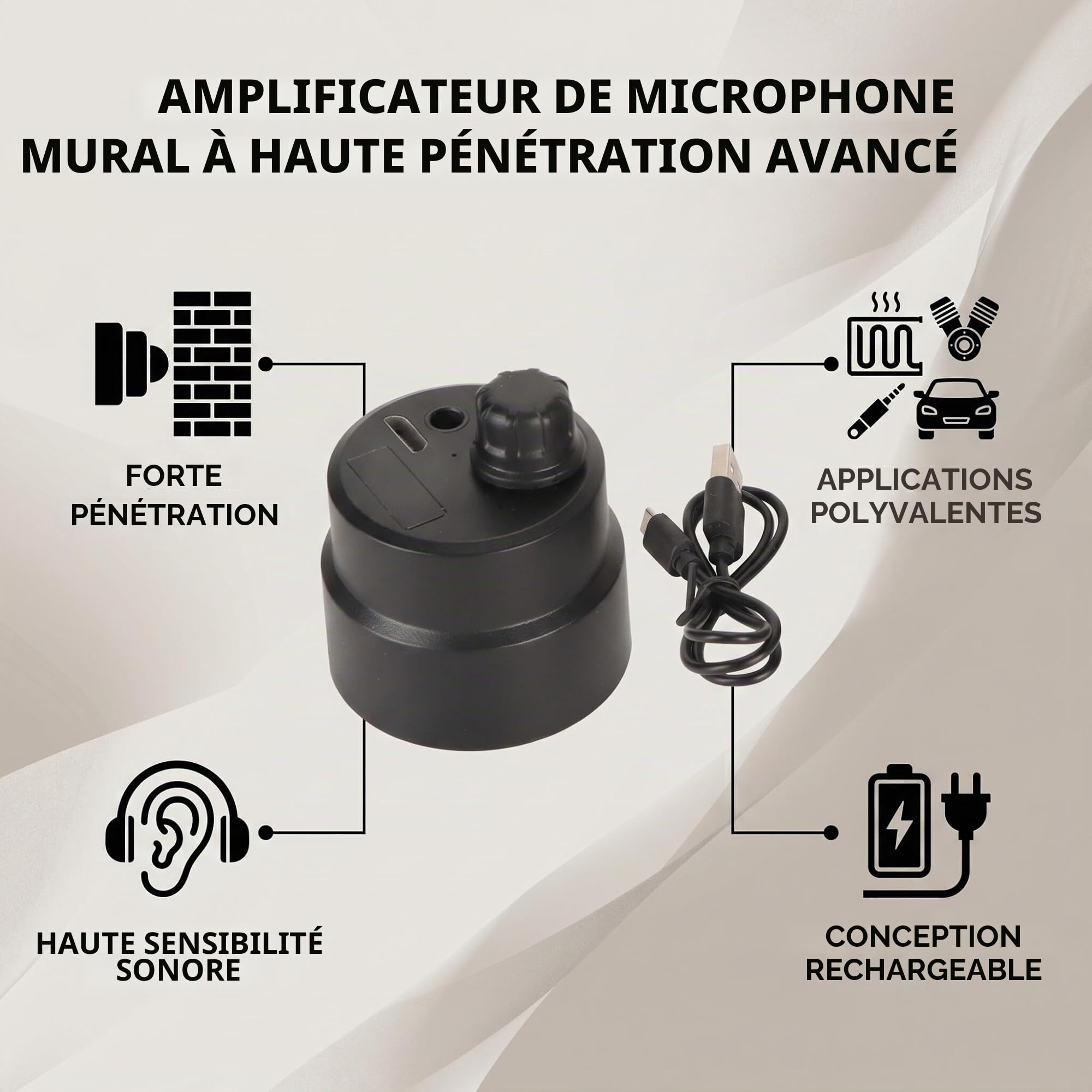 Yosoo Health Gear Amplificateur de casque à travers le mur, 13 000 x, forte sensibilité de pénétration, fuite de tuyau, détecteur de voix, microphone mural, amplificateur amélioré pour tuyaux de