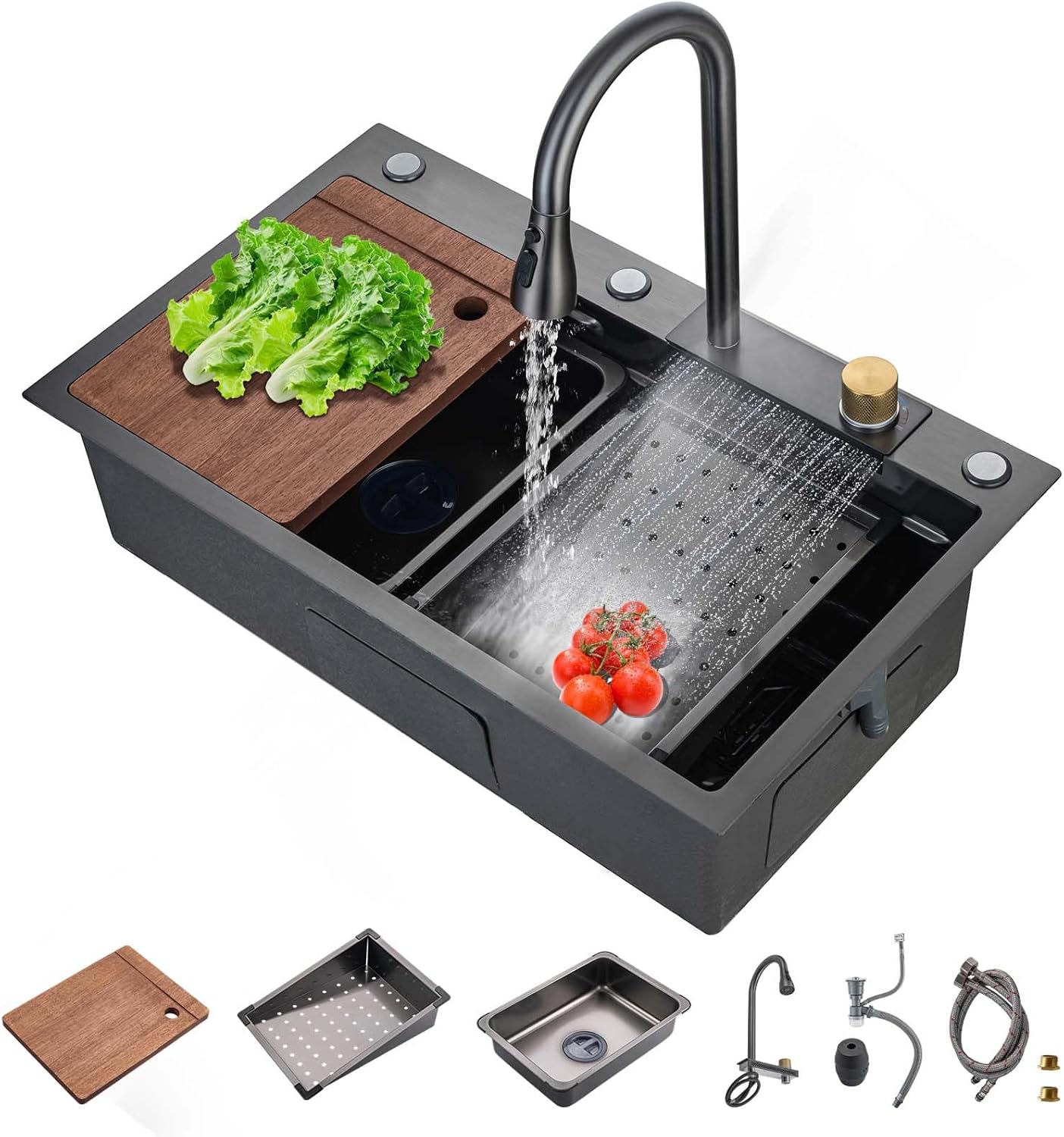 30" Black Drop In Waterfall Kitchen Sink Workstation Single Bowl Stainless Steel Honeycomb Waterfall Sink Modern and Highly Durable Multifunctional Top Mount Kitchen Sinks with Pull-Down Faucet