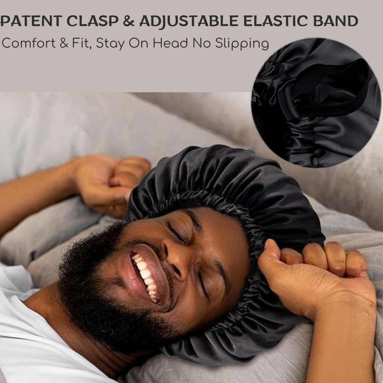 SIXHANS Satin Sleep Bonnet for Women & Men-Black Double Layer Hair Bonnet with Adjustable Strap,Curly Hair Protection - Image 3