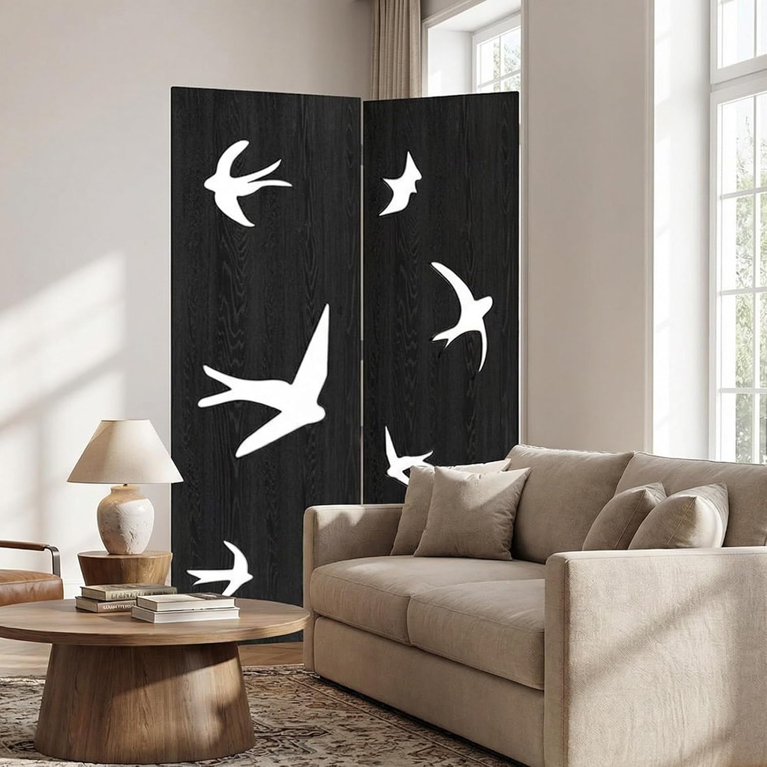 Wood Room Divider Panels, Indoor Hollow Out Wall Divider, 2/3/4/5 Panel Folding Privacy Screen, Decoration Partition Room Dividers for Home, Office, Restaurant, Black(2 Panel)