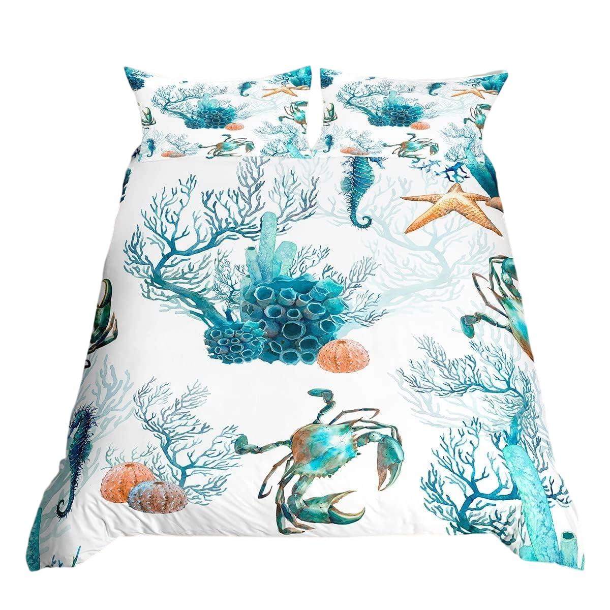 Homewish Boys Teal Blue White Ocean Comforter Cover Sea Marine Bed Set, Watercolor Animal Duvet Cover Double Size Sea Horse Crab Bedding Set, Starfish Coral Bedspread Cover Kids Underwater Theme Bedroom Decor 3Pcs