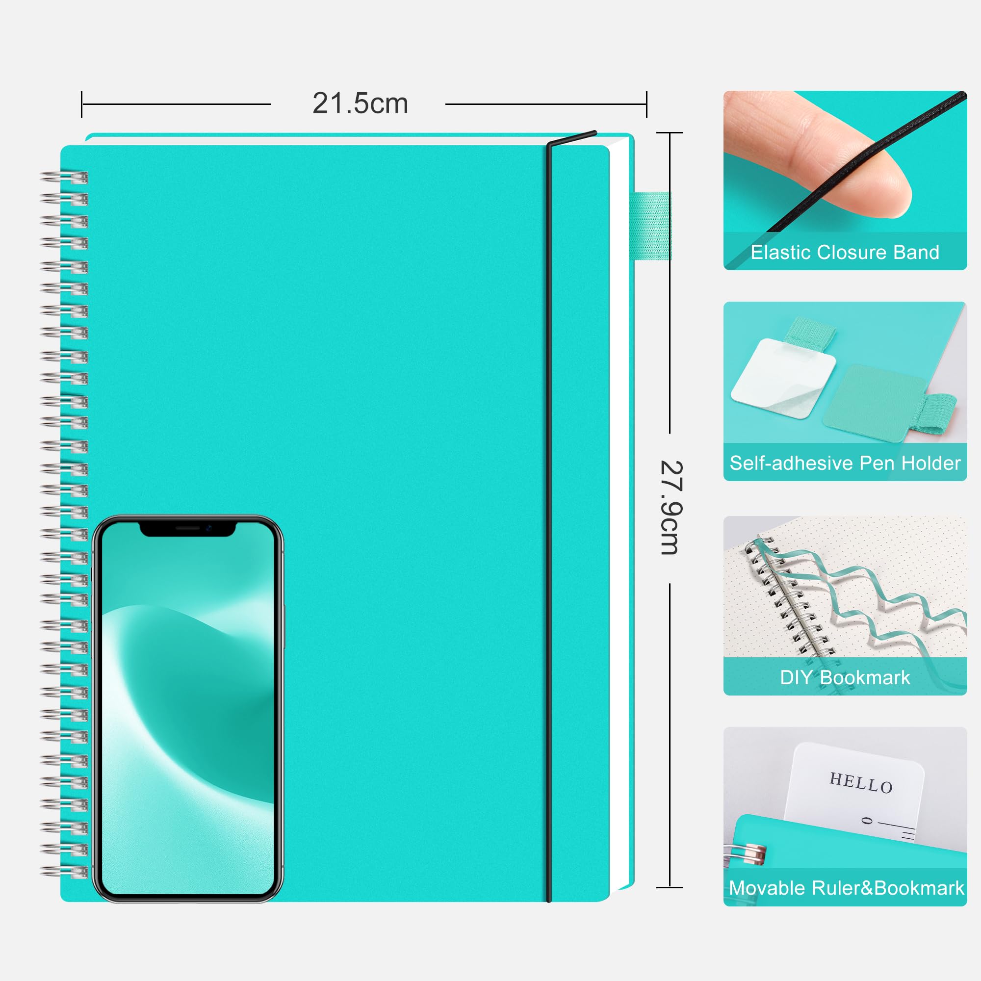 RETTACY A4 Notebook Bullet Dot Journal, Grid Dotted Notebook 110Pages /55 Sheets for Writing,Notepad with PVC Pocket - Image 2