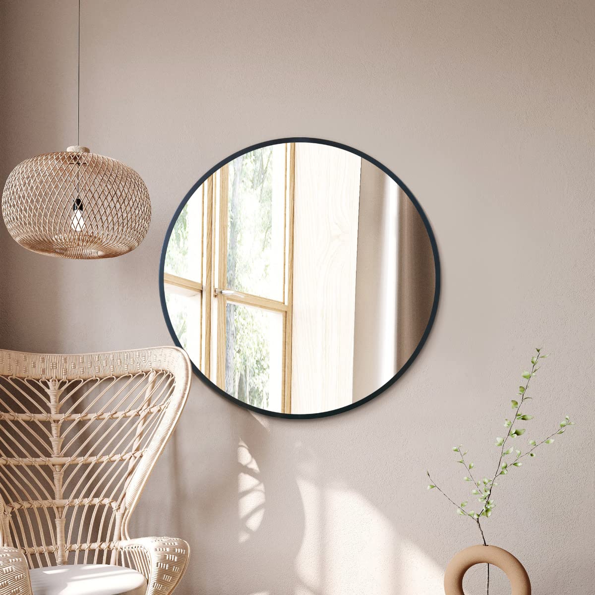 MirrorOutlet Black Edged Circular Modern Wall Mirror 31" (80CM) Diameter - Metal Frame
