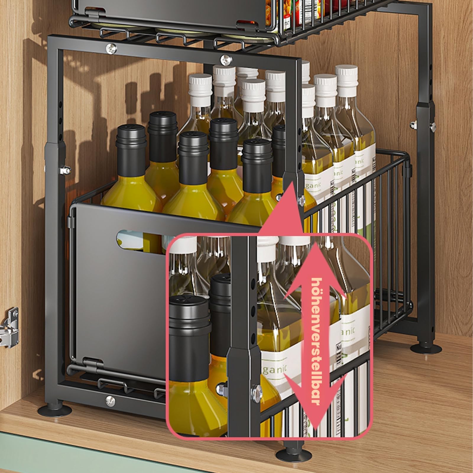 YunNasi Unterschrank Organizer küchenschrank mit 2 Etagen küchenregal Arbeitsplatte Metall Unterspüle für Badezimmer (Schwarz, Modell-A)