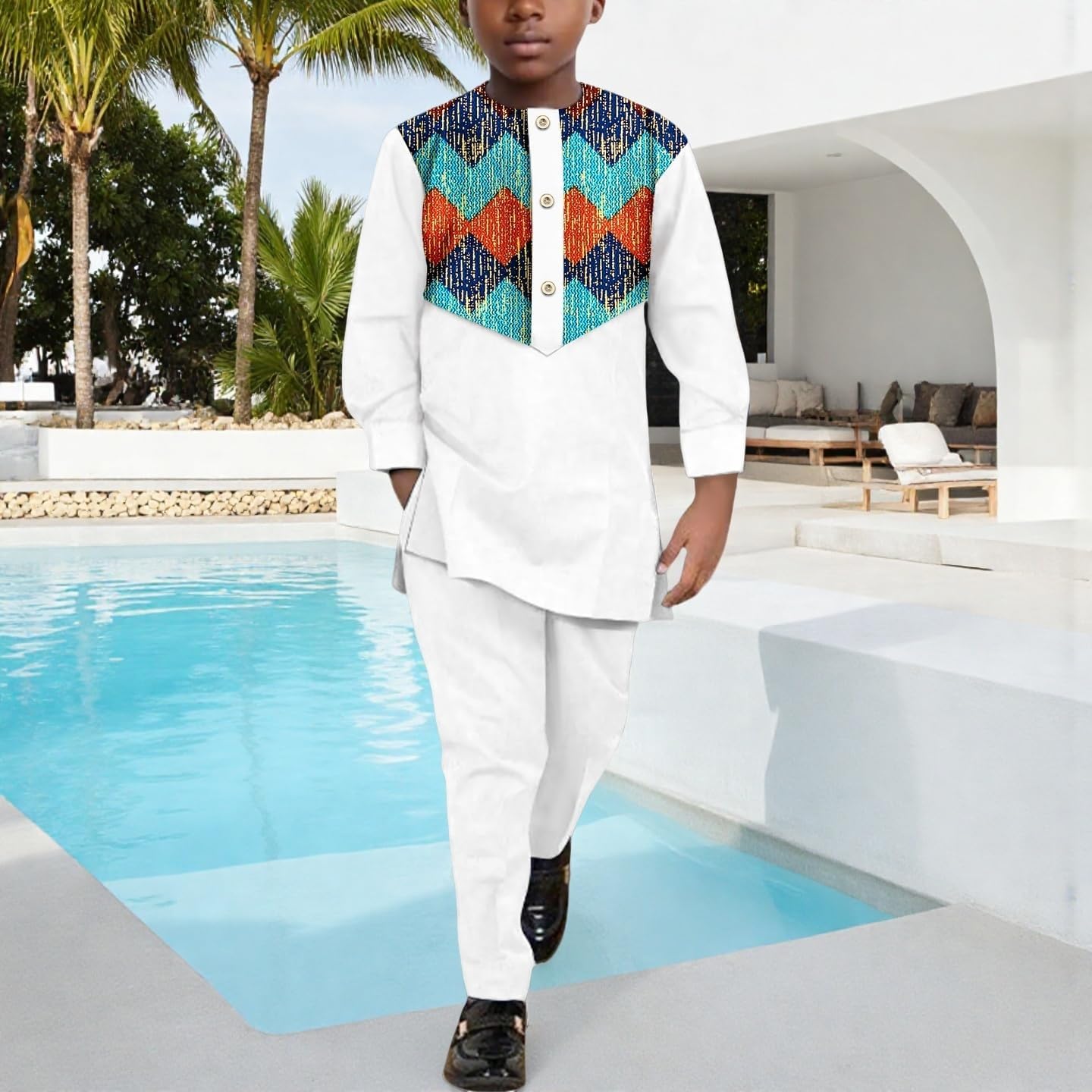 Kids African Clothes Chilren Dashiki Outfits Kente Print Shirt and Pants 2 Piece Set Ankara Suit for Boy