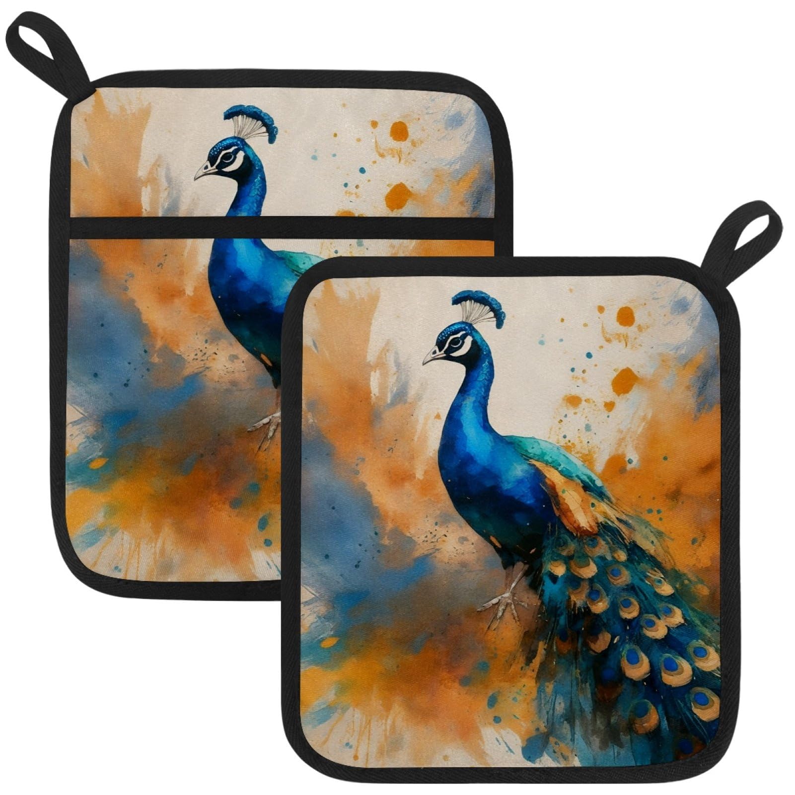 VAPOKF Peacock Pot Holders with Pocket for Kitchen Heat Resistant Potholders Large Polyester-Cotton Square Oven Mitts Set