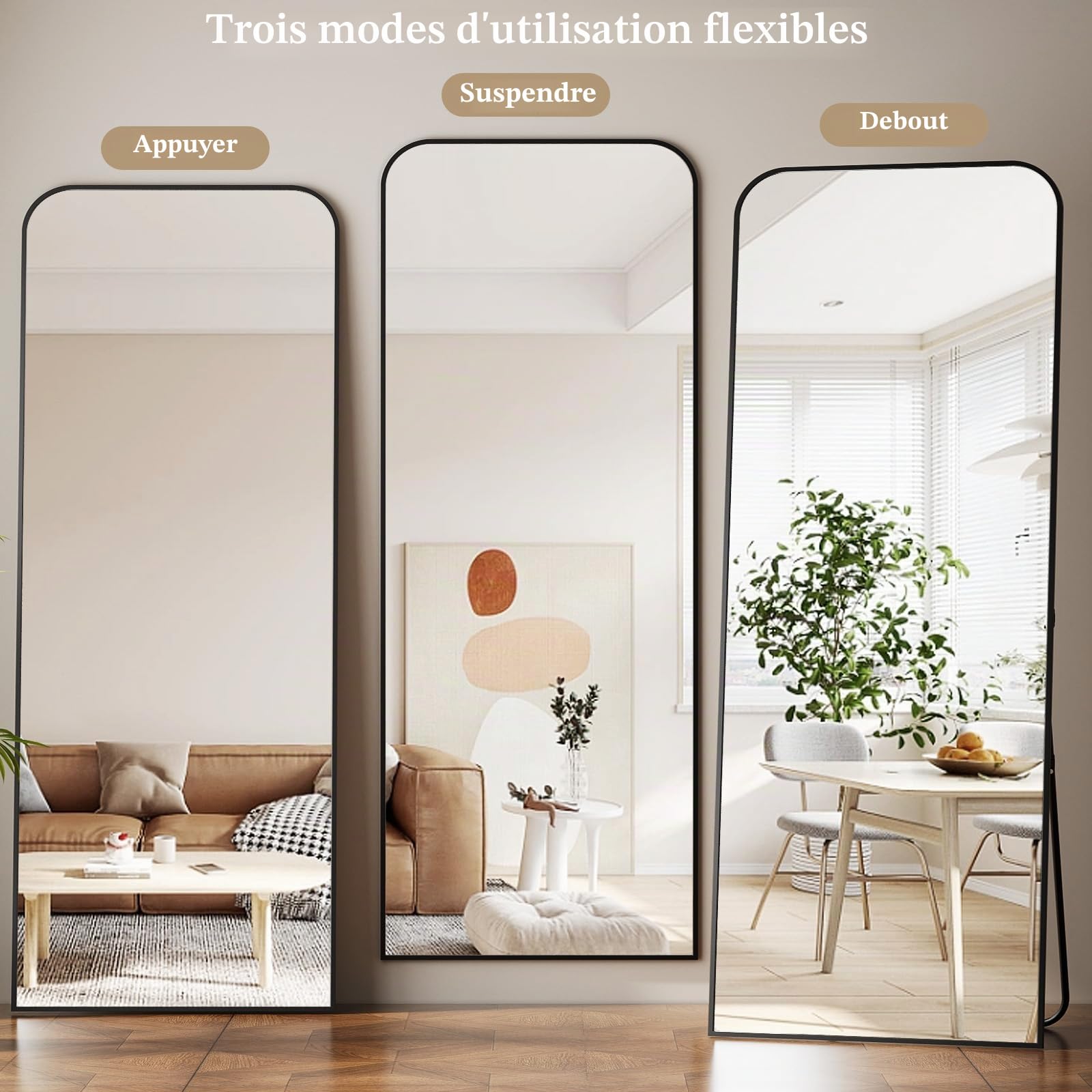 Koonmi Miroir sur pied avec coins incurvés 76 x 171 cm, miroir pleine longueur, incassable, moderne, merveilleux pour salon, chambre, couloir, noir