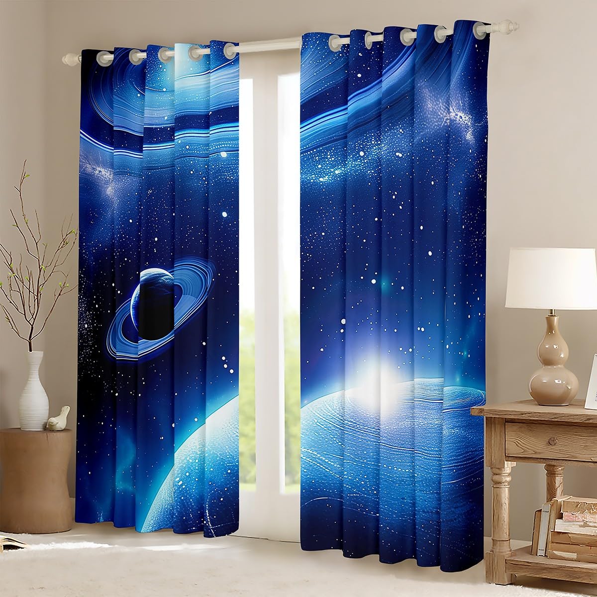 Planet Curtain for Teens Boys Girls Outer Space Window Curtains,Galaxy Theme Kids Bedoom Decor Blackout Window Mysterious Starry Sky Constellation Pattern on Blue Window Drapes 2 Panel Set,84