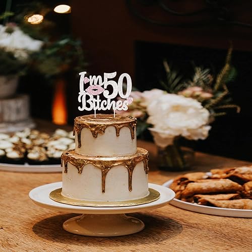 Miniatura 7 de LASKYER Decoración para pastel con diamantes de imitación rosa con texto en inglés "I'm 50th Birthday Cheers to 50 Years Old Fifty Bday Party Metal