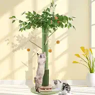 46" Tall Cat Scratching Post, Natural Sisal Cat Tree for Indoor Adult Cats | Vertical Cat Scratch Post for Body Stretching, Self-groomer Brush, Stable 3-layer Solid Wood Base, Interactive Ball Track Toy