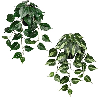 2 Pack Artifitial Hanging Plants 18" Fake Devil's Ivy Golden Pothos Plants, Hanging Potted Plants for Home Office Bedroom Indoor Outdoor Decor