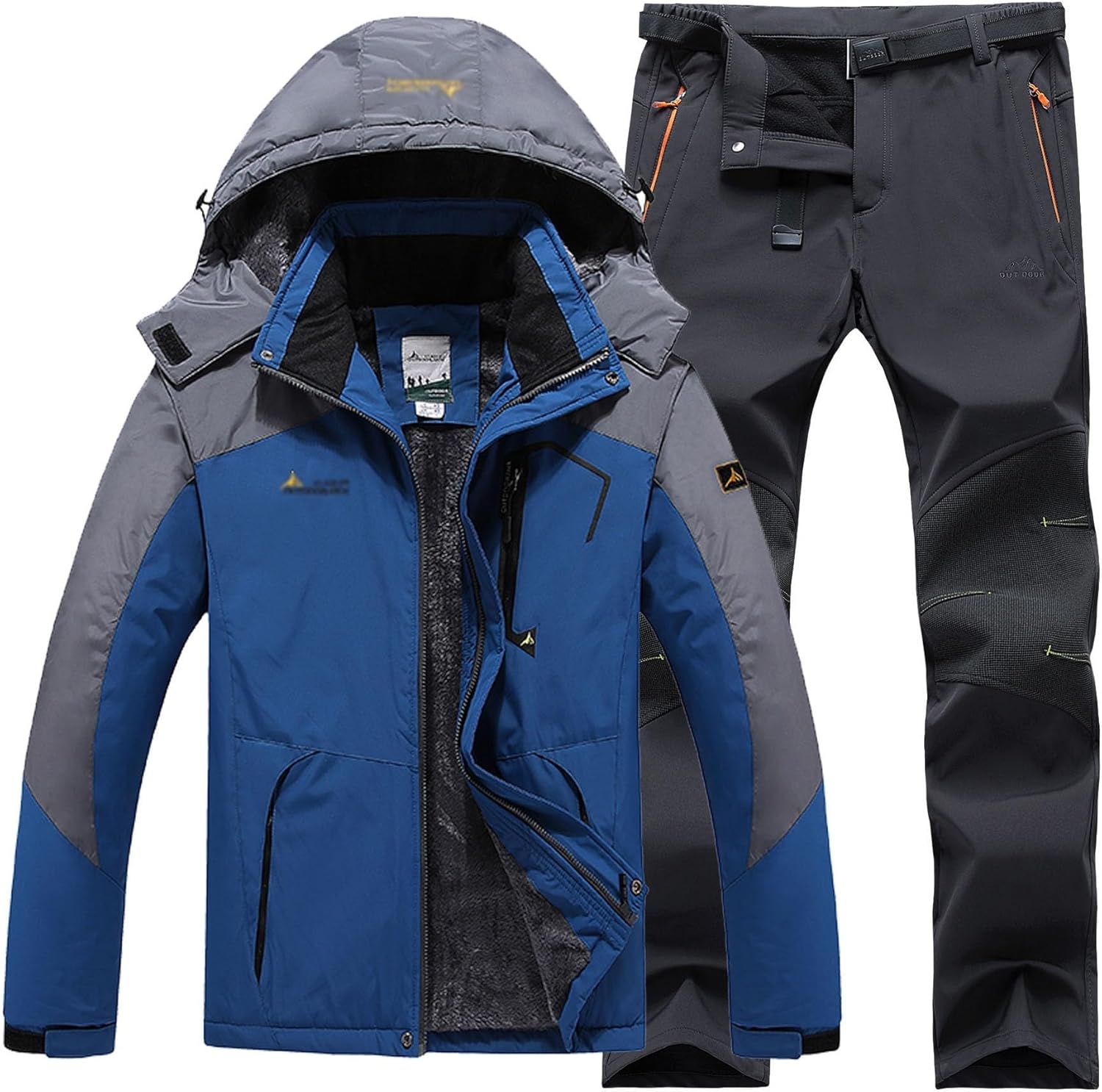 Mens Plus Size Ski Suits Set, Men's Winter Outdoor Sports Plush and Thicken Hooded Ski Suits Set with Belt