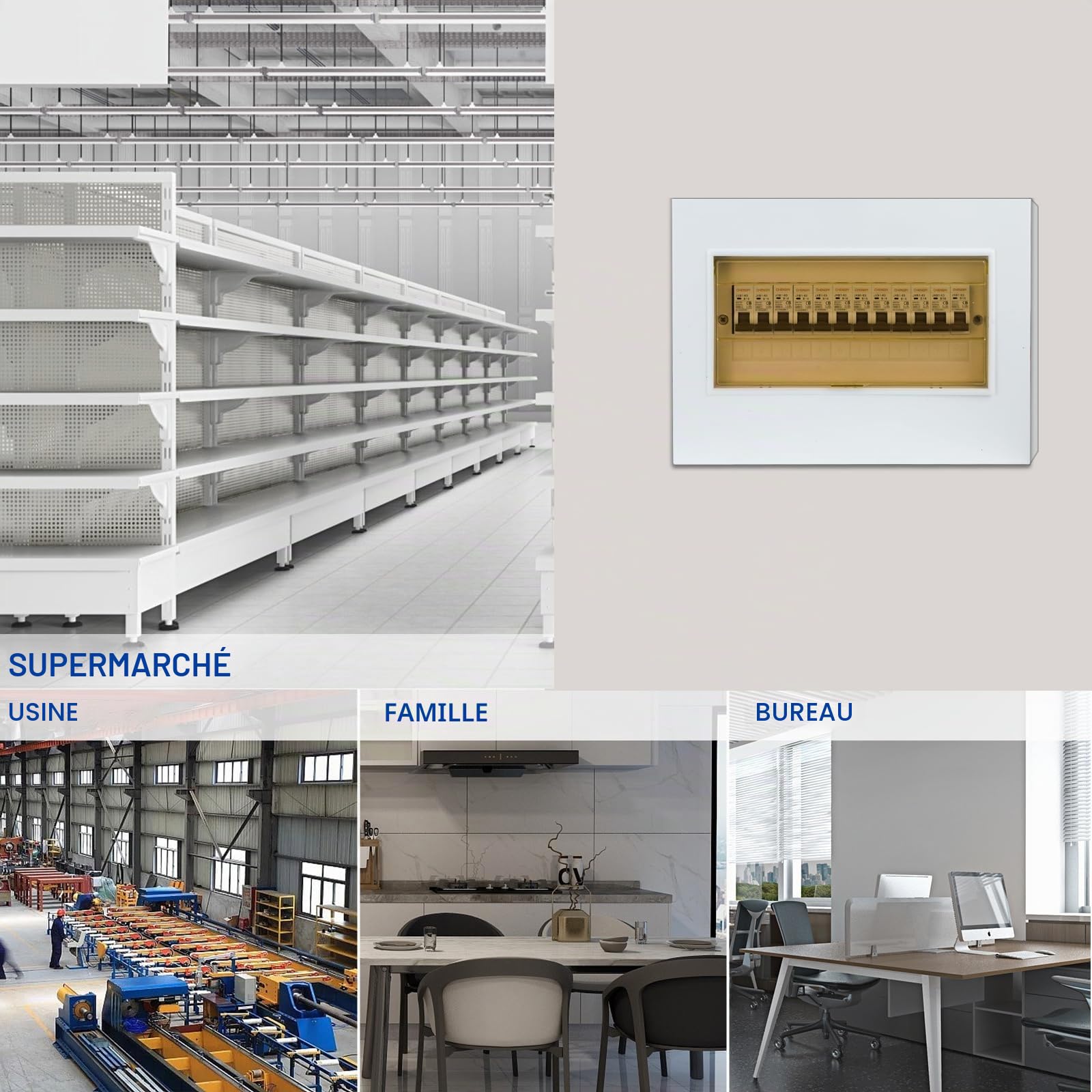Coffret Electrique, Tableau Electrique 1 Rangée 12 Modules, Boitier Etanche Electrique Exterieur Avec Disjoncteur Différentiel 4P Type A 40A 30mA FI RCCB et 8 Fusibles AC B16