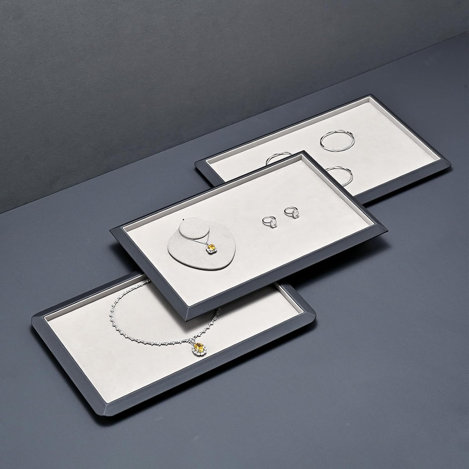 Oirlv Gray Leather Jewelry Display Tray with Microfiber Lining, Premium Soft Corner Organizer
