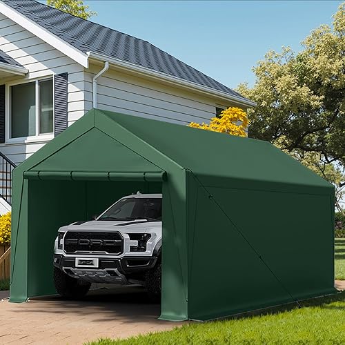 Carport Canopy 10x20 Heavy Duty, Portable Carport Garage with Removable Sidewalls and Door, Car Port with Waterproof Canopy for All Season (Green)