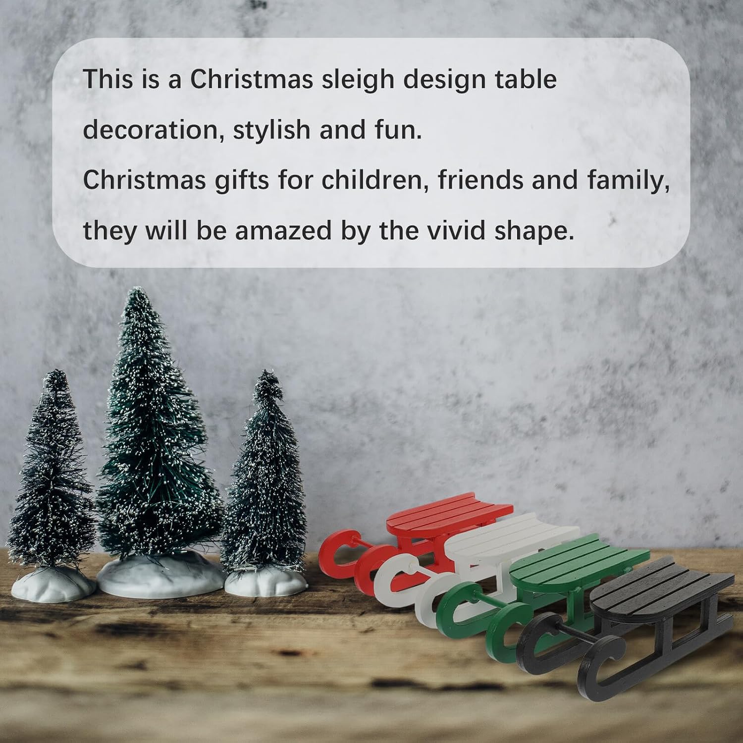 ULTECHNOVO 4pcs Wooden Mini Sleigh Christmas Ornaments Set, White Green Black Red Decorative Sled Figurines for Holiday Tabletop and Home Xmas Décor