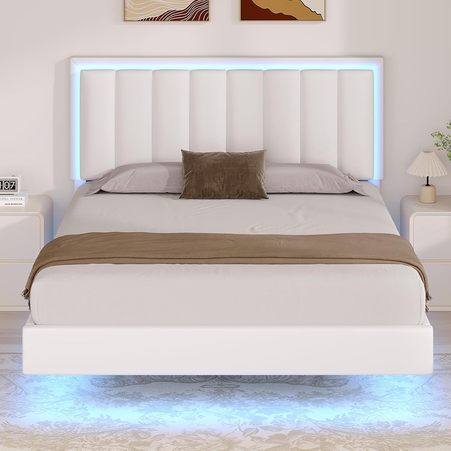 IMMERSTABLE Floating Bed Frame Queen with LED Light, Upholstered Queen Bed Frame with Headboard, Solid Wood Slats Support, No Box Spring Needed, Noise-Free, Easy Assembly, White